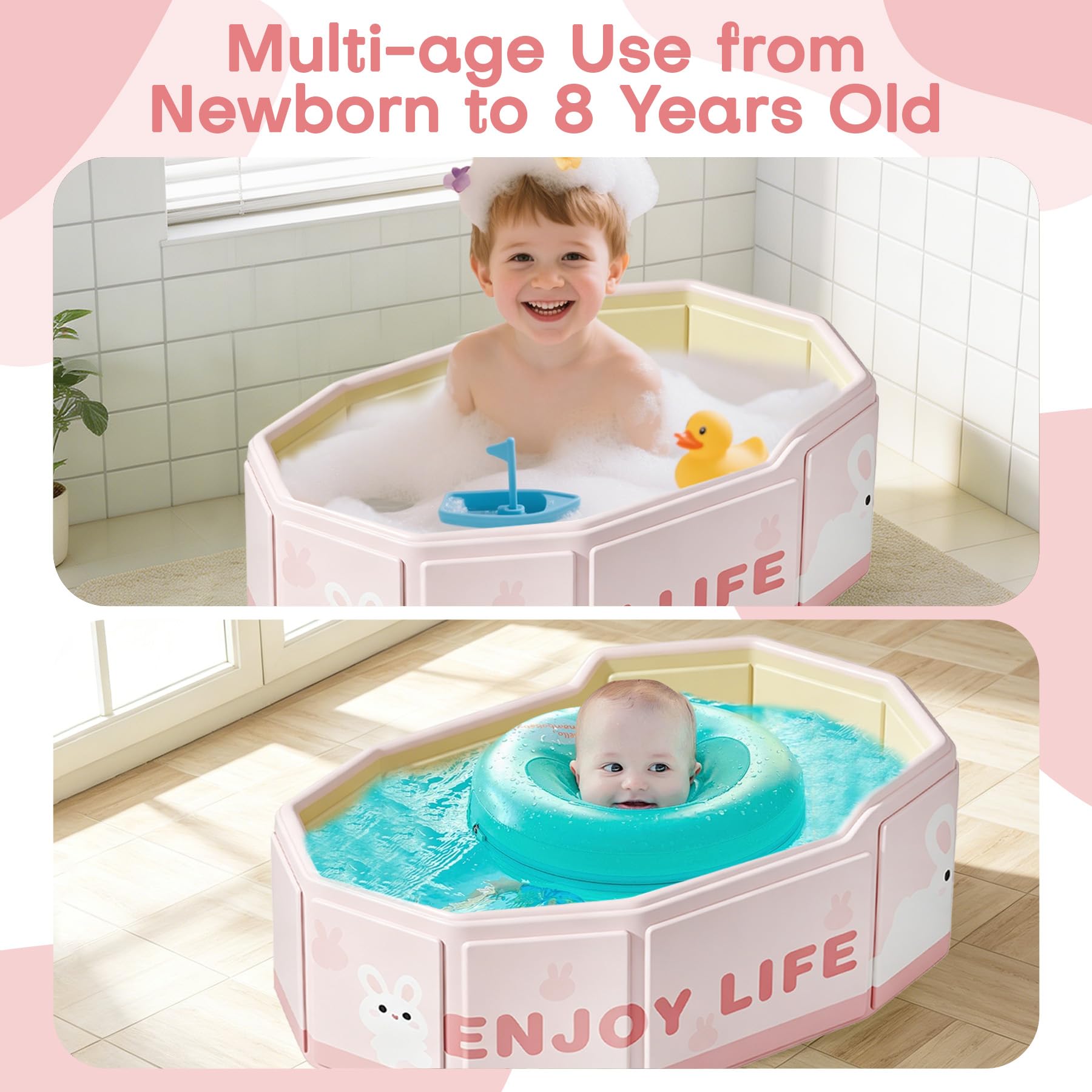 VEEKAY Baby Badewanne, Babybadewanne Faltbar, Faltbare Badewanne für Kinder, Tragbare Babywanne 0-8 Jahre, mit Ablassschraube, Platzsparend und Leicht, Kinderplanschbecken für Dusche