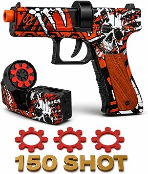Skeleton Design Die-Cast Metal 8-Shot Ring Cap Toy Gun, Red & Black Finish, Includes 150 Shot Ring Caps 2 Sheets, Pretend Play Dress-Up Accessory, Age 14+