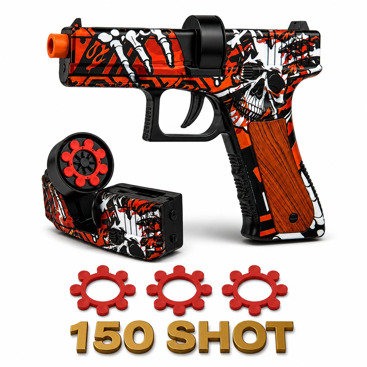 VastCart Skeleton Design Die-Cast Metal 8-Shot Ring Cap Toy Gun, Red & Black Finish, Includes 150 Shot Ring Caps (2 Sheets), Pretend Play Dress-Up Accessory, Age 14+
