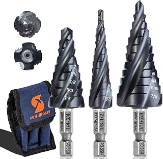 M35 Step Drill Bit Set 1/8"-7/8"(3 pcs), 1/4" Hex Shank HSS Four Spiral Flute Design, Impact Resistant - Perfect for DIYers and Professionals - Drill Through Metal, Stainless Steel, Wood, and Plastic