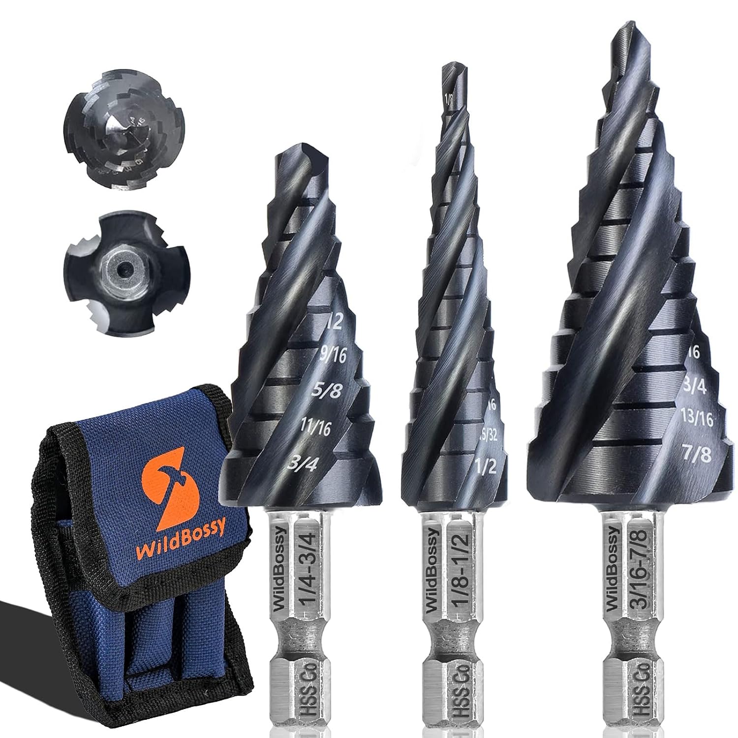 M35 Step Drill Bit Set 1/8"-7/8"(3 pcs), 1/4" Hex Shank HSS Four Spiral Flute Design, Impact Resistant - Perfect for DIYers and Professionals - Drill Through Metal, Stainless Steel, Wood