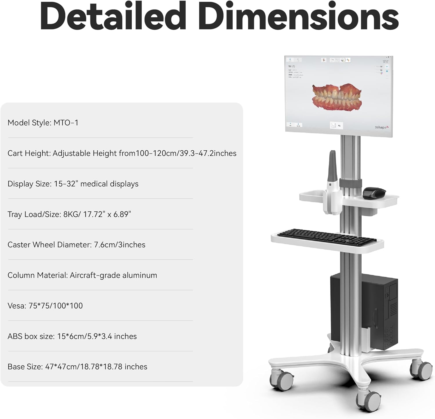 Medical Cart Mobile Workstation with Oral Scanner Holder, Height Adjustable, Rolling Stand with Monitor Mount, Medical Trolley for Hospital Clinic lab Beauty Salon