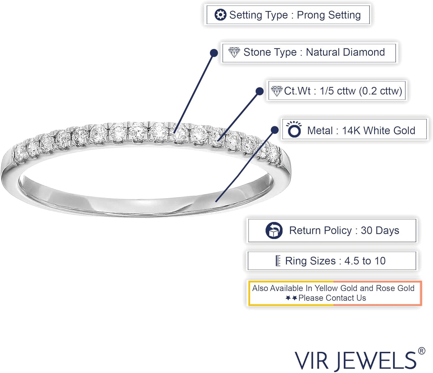 VIR JEWELS 1/5 carat (ctw) Diamond Wedding Anniversary Band for Women, Half Eternity Round Diamond Engagement Ring 14K White Gold Prong Set 0.20 cttw, Size 4.5-10