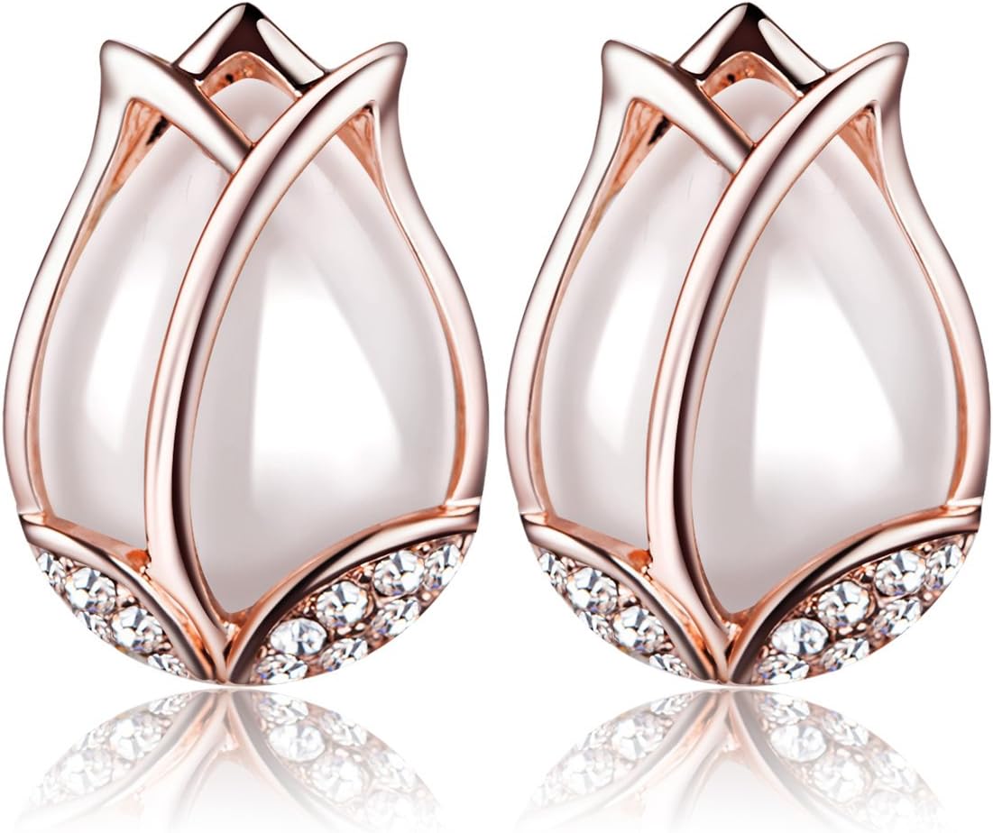 Faenlior Rose Gold Lotus Earrings Tulip Flower Clear Opal Crystal Stud Earrings, Elegant Jewelry for Women Wedding