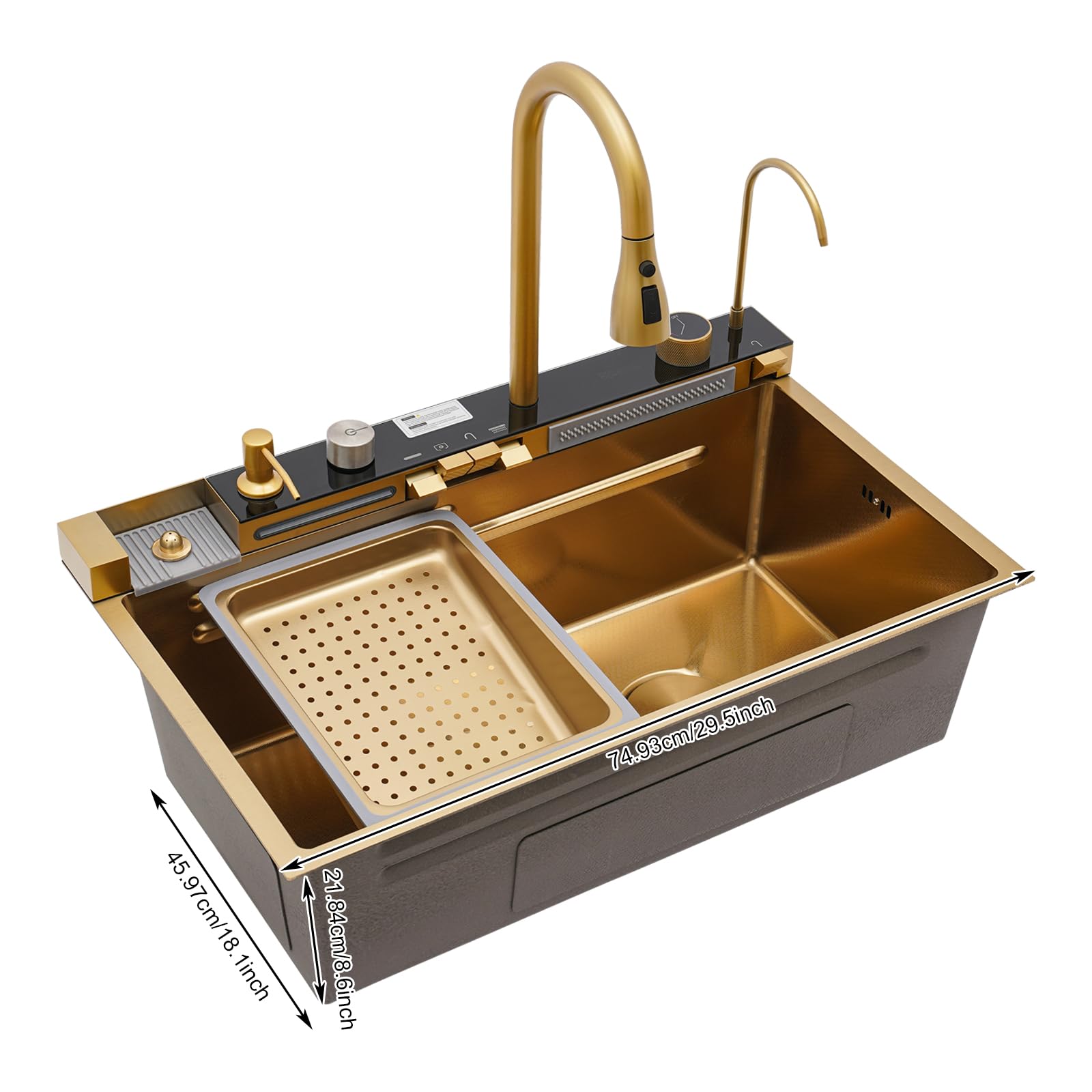 Fregadero de cocina, 75 x 46 x 22 cm, acero inoxidable, con grifo para cocina | Fregadero dorado con dispensador de jabón extensible, cascada, aspersor, función lluvia, escurridor, sifón para el hogar