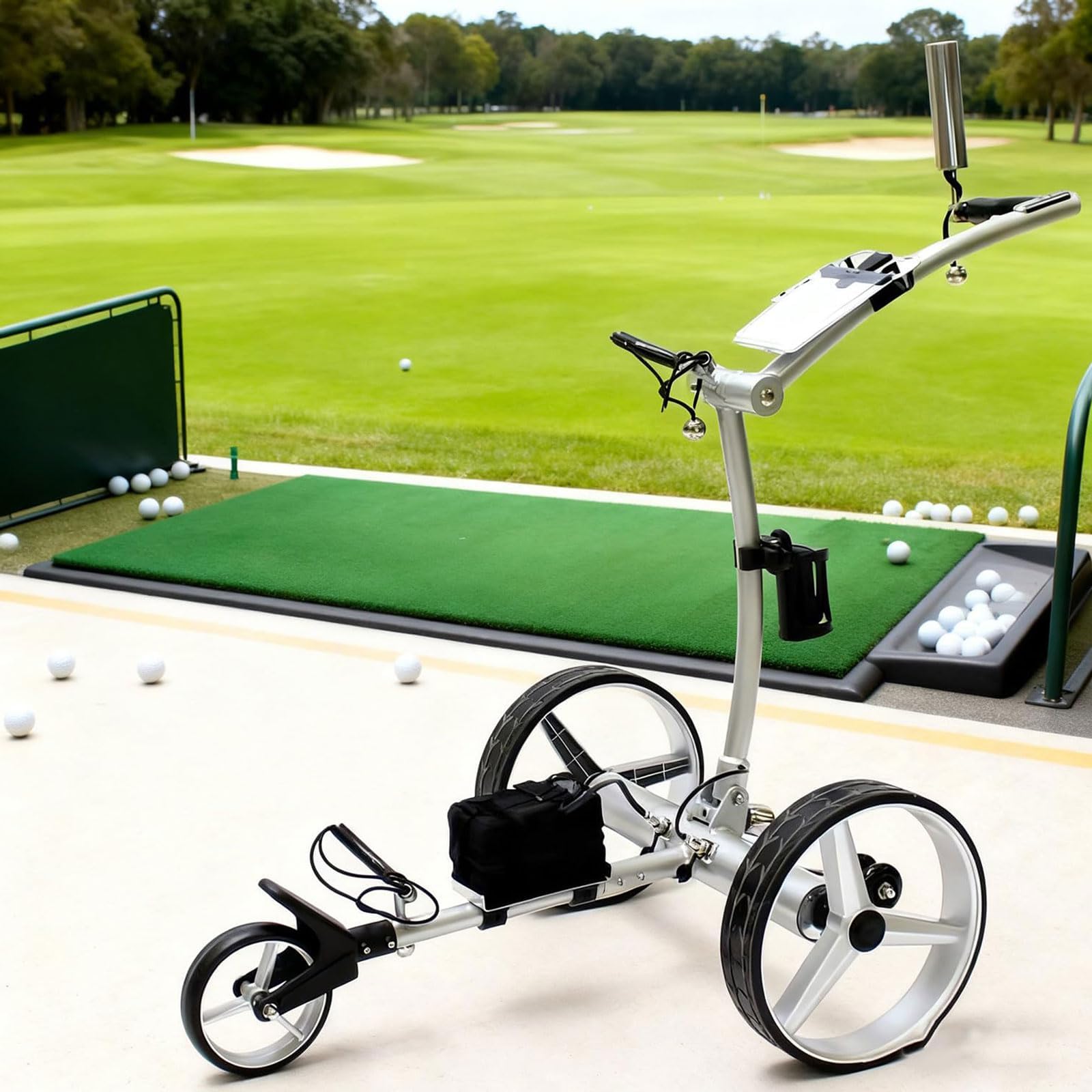 Carrello da golf elettrico con telecomando, carrello da golf a 3 ruote a doppio motore da 400 W, telaio pieghevole in acciaio robusto con freno a pedale e supporti per accessori