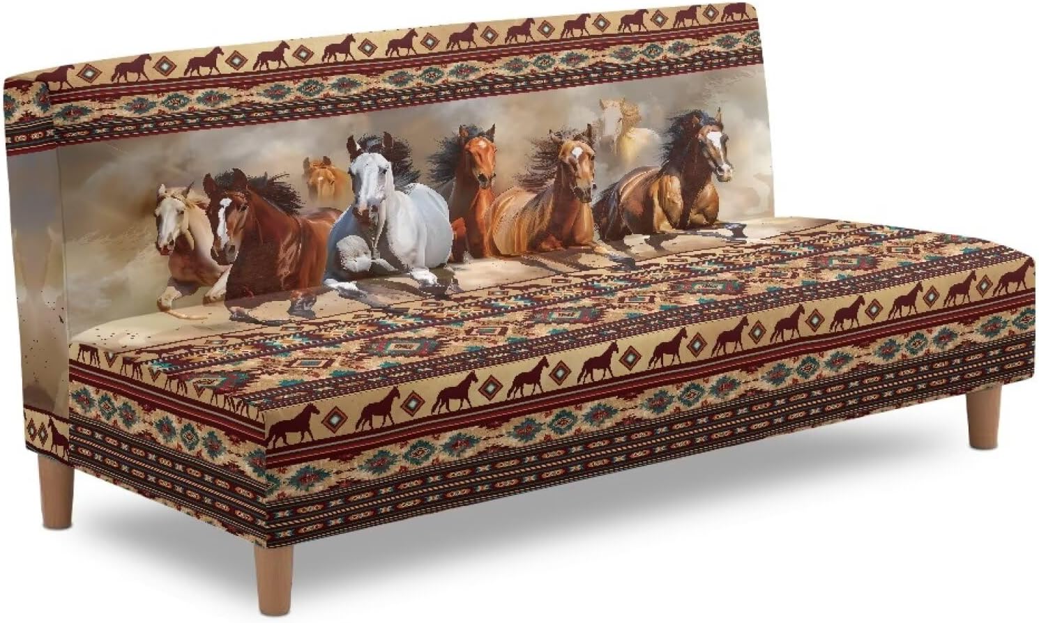 Armless Couch Cover Horse Aztec Stretch Sofa Slipcovers for Home Decor Washable Furniture Protector Covers with Elastic Bottom
