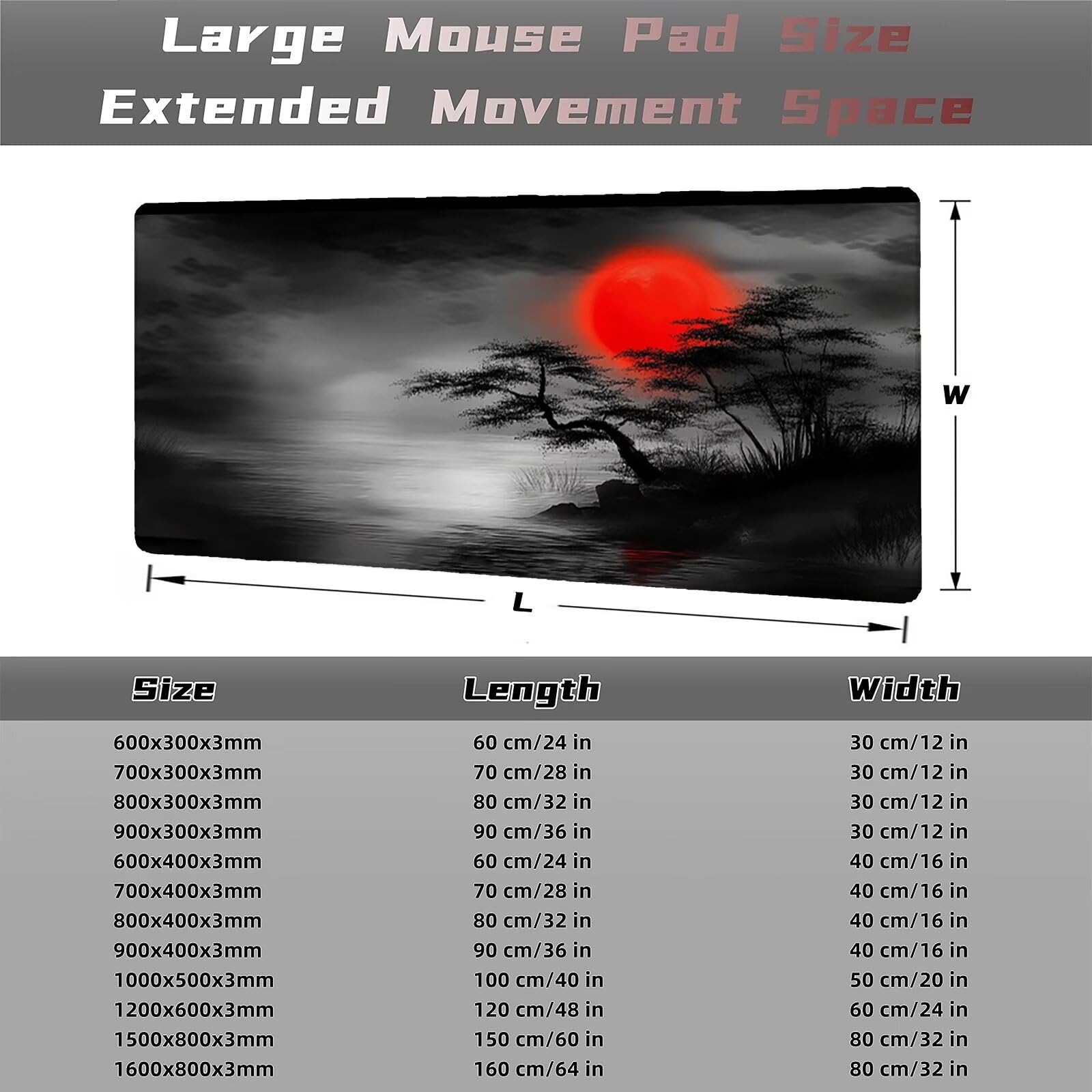Podkładka pod mysz czarna 1500 x 800 mm Zachód słońca Podkładka pod mysz Duża japońska podkładka pod mysz antypoślizgowa gumowa powierzchnia szwy na krawędziach mata biurkowa do dekoracji domu biura