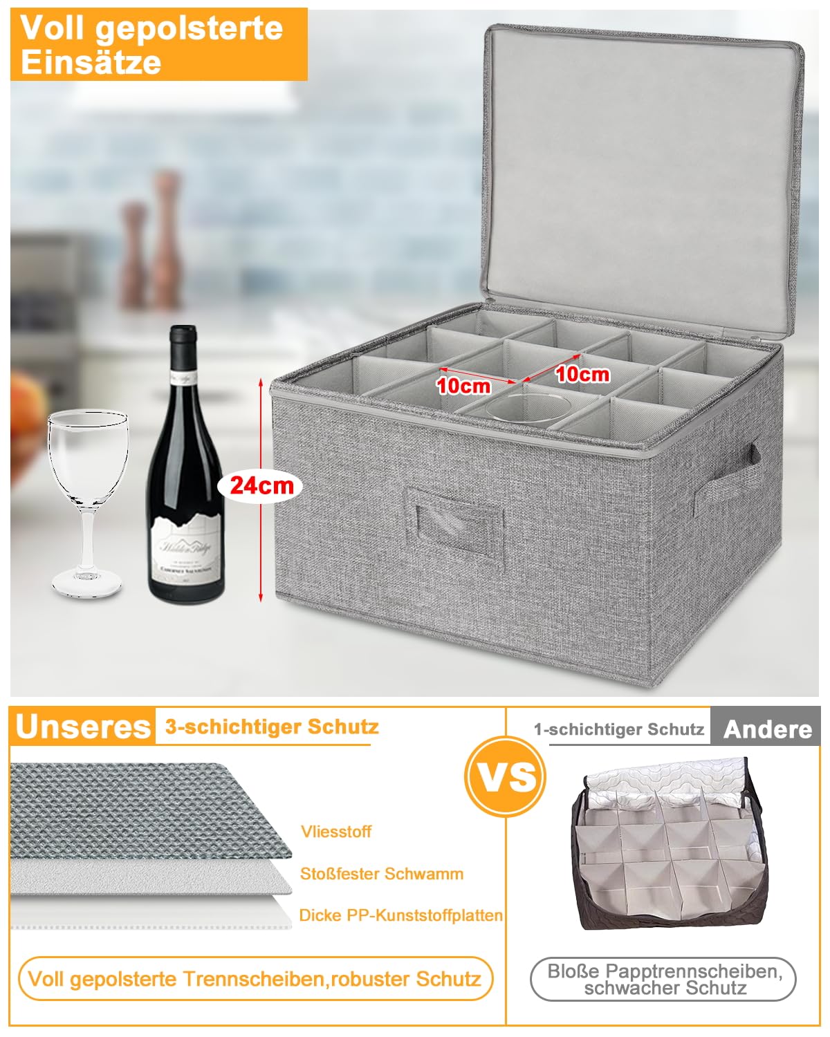 Weinglas Aufbewahrungsbox, für bis zu 12 Gläser, Stapelbar & Faltbar, 4-Schicht-Schutz, Feuchtigkeitsbeständig, für Umzug, Lagerung & Keller, 2er Set