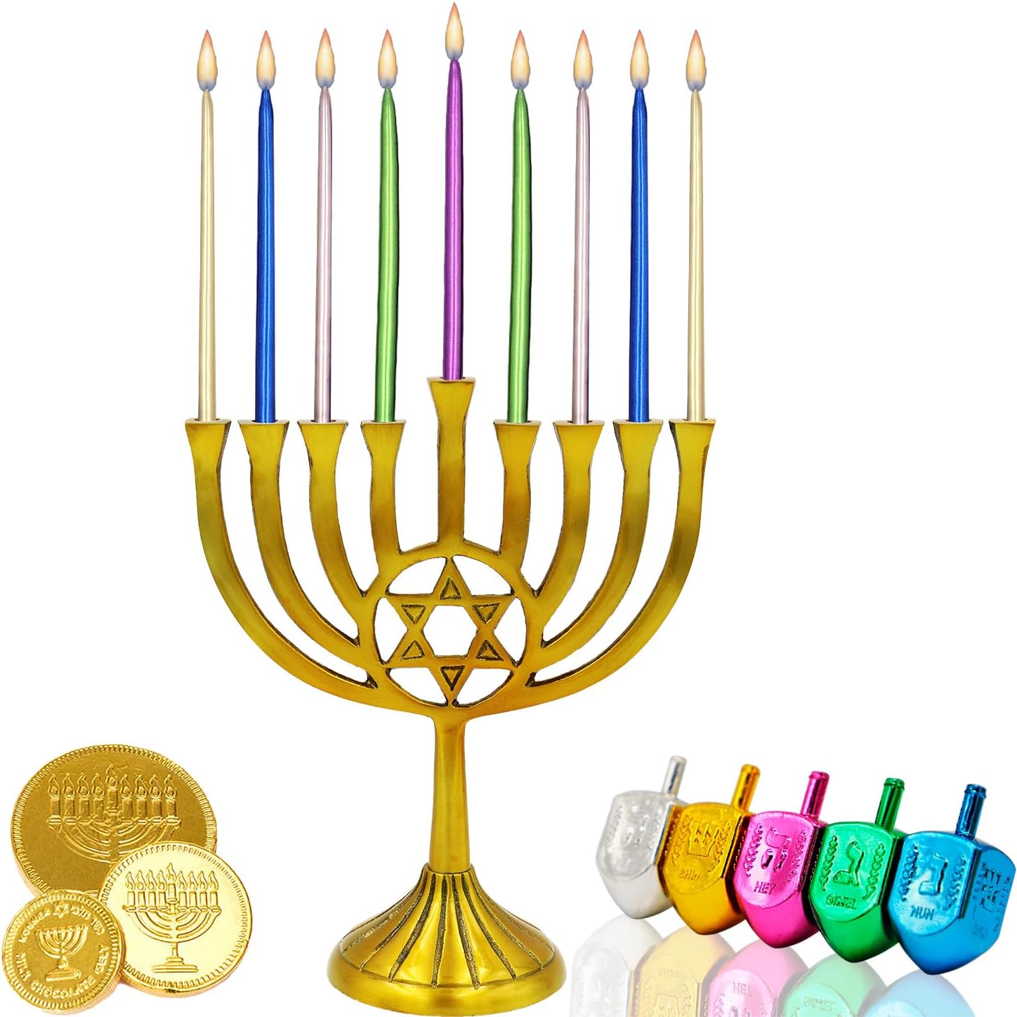 45-Multicolor Metallic Hanukkah Frosted Premium Tapered Hand Decorated Chanuka Candles Set of Sleek Glossy and Shiny Candles Enough for All Eight Day's of Hanukkah 1-Hour Burn Time