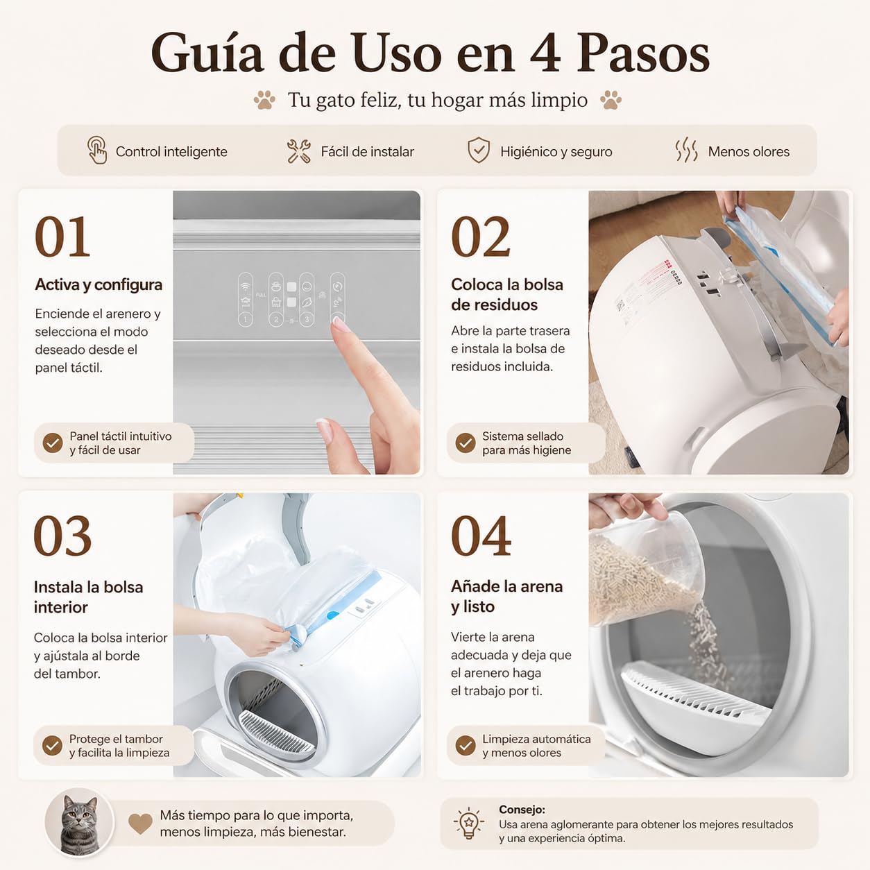 Arenero Autolimpiable XXL para Gatos, Caja Arena Automática 74L con Control por Aplicación, Sistema Seguridad Avanzado, Eliminación Olores, Incluye Alfombra y 5 Rollos Bolsas