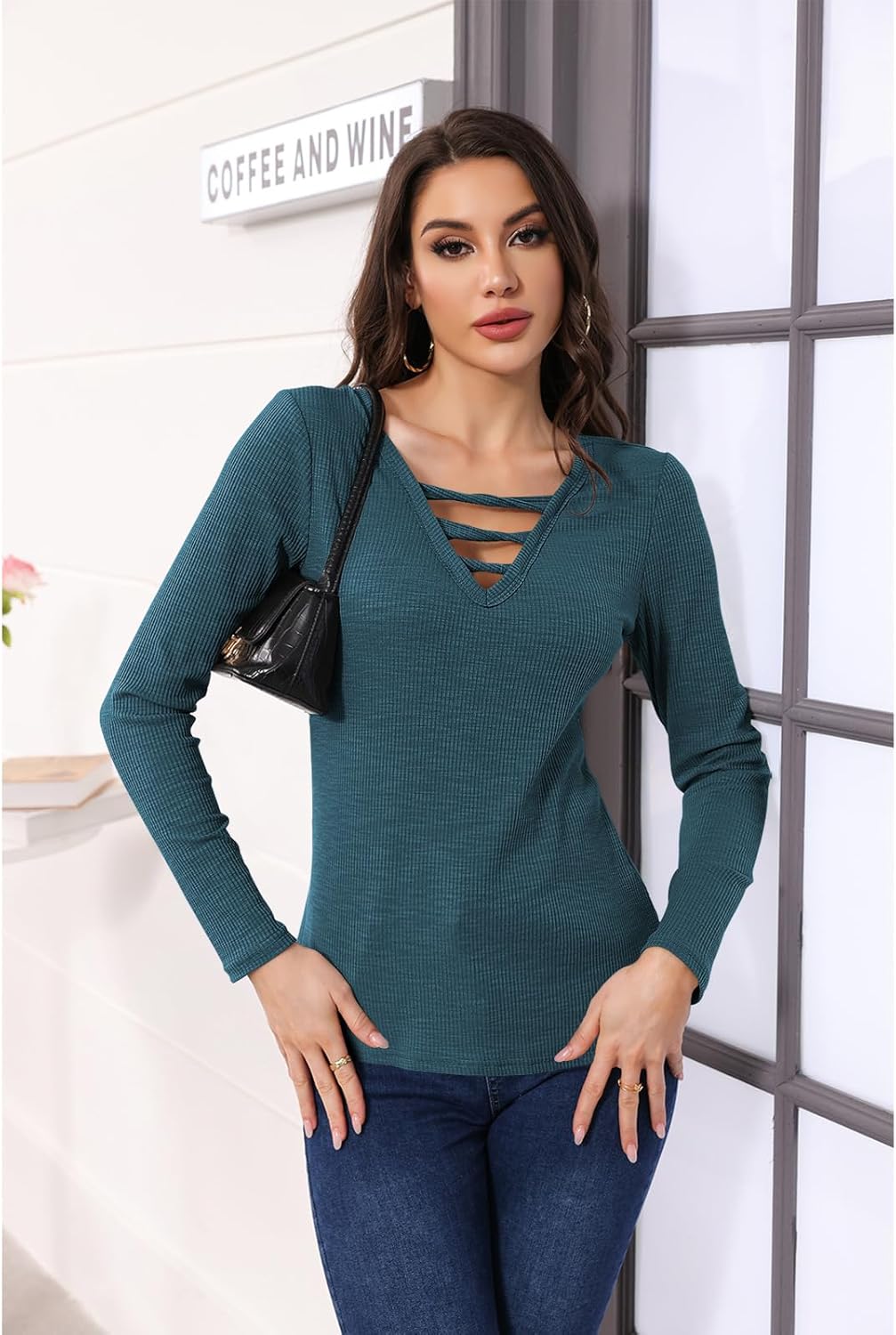 Poetsky Women's Casual V Neck Criss Cross Shirts Long Sleeve Tunic Tops Ribbed Knit Slim Fitted Tee - Image 3