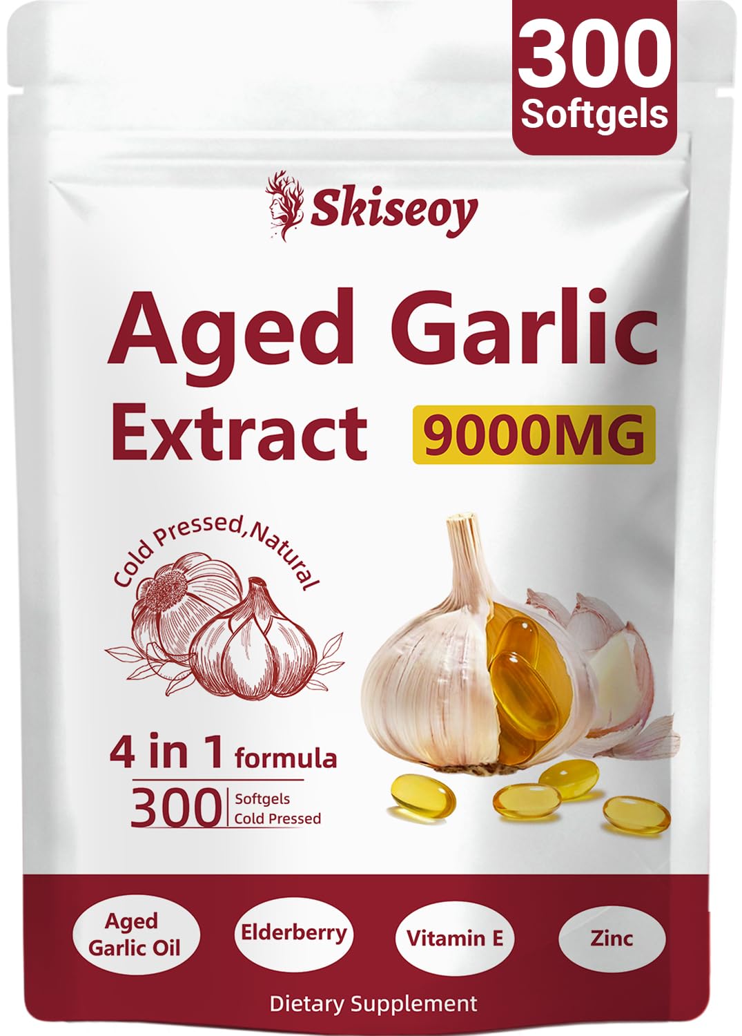 Odorless Aged Garlic Extract – 4-in-1 Fermented Garlic Supplements with Elderberry,Vitamin E & Zinc for Heart & Immune Support,Potent Antioxidant Supplements,Vegetarian,300 Softgels