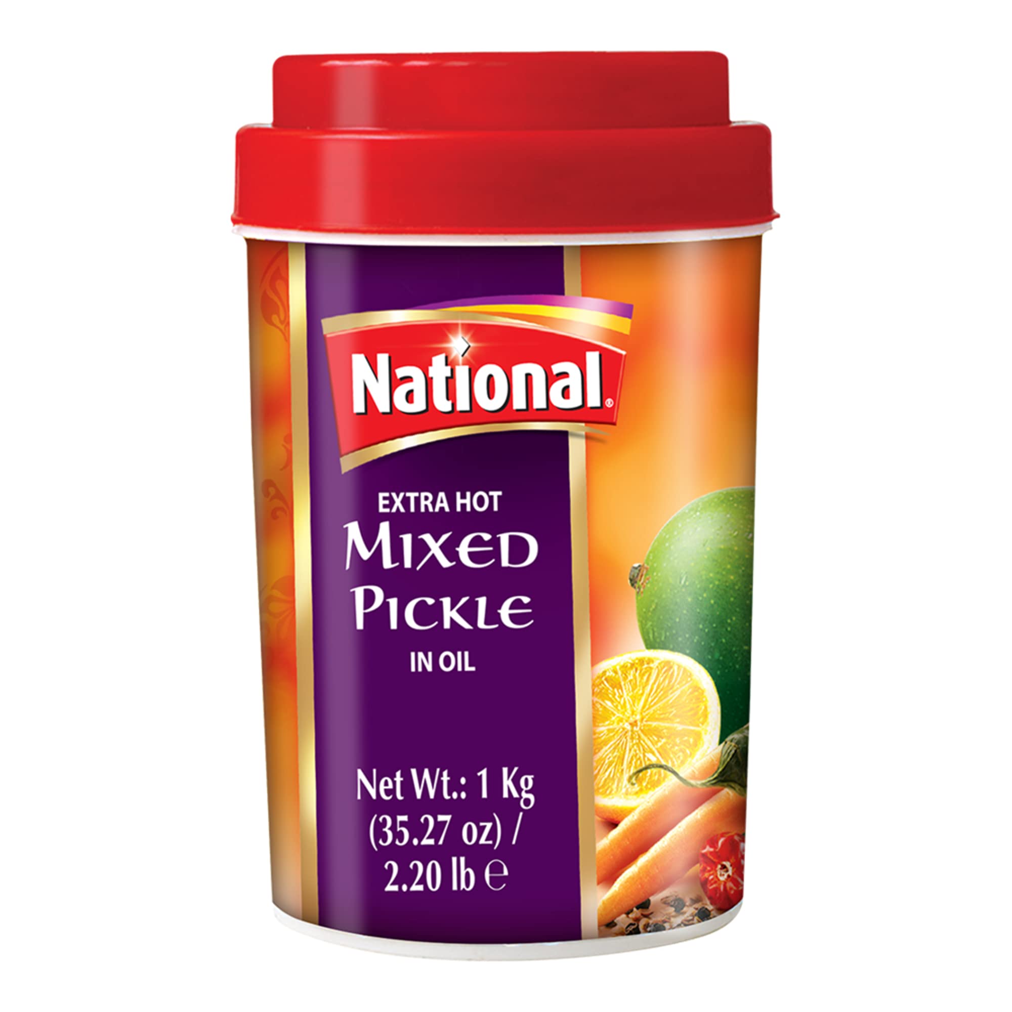 National Foods Extra Hot Mixed Pickle 35.27 oz (1000g) | Sour & Spicy Traditional South Asian Relish | Zesty & Tangy Achaar | Plastic Jar