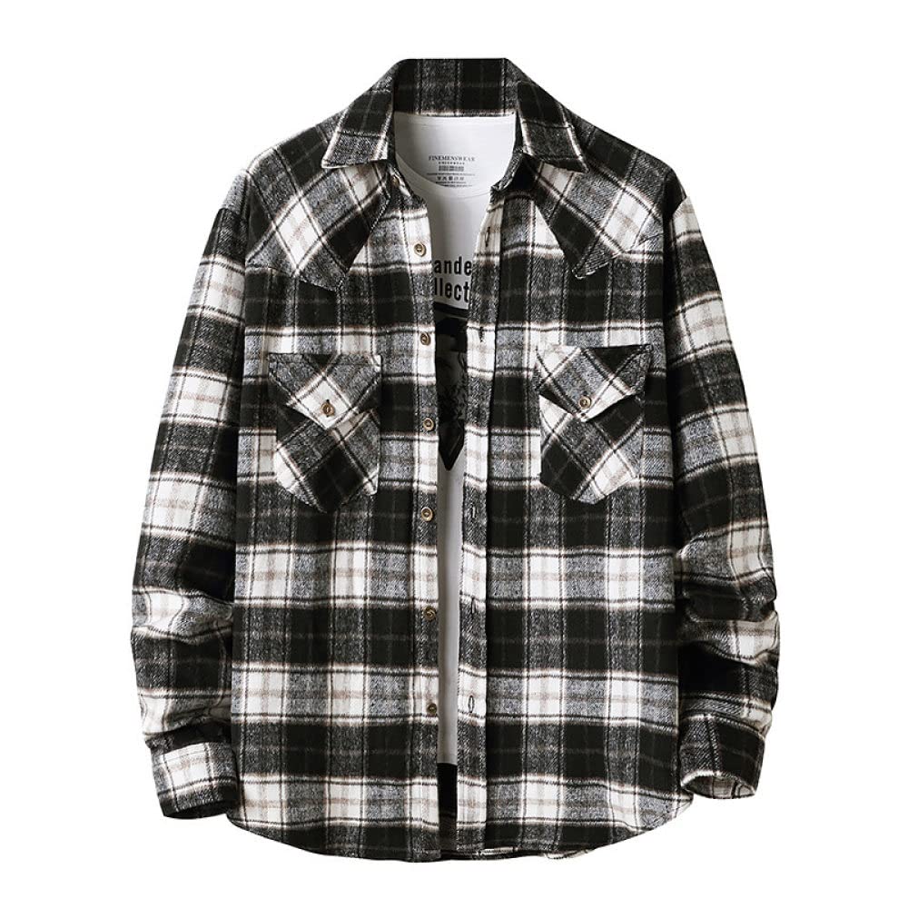 HGJH Herren Flanellhemd, Herren Langarm Flanellhemd Thermohemd Schottenkaro Schwarz Baumwollhemd Herren Regular Fit Holzfäller Bequem Karierte Hemdjacke Lässiges Arbeitshemd Für Herren Jungen