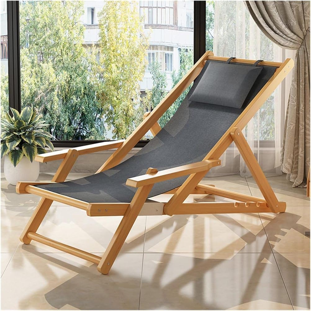 Chaise de plage portable en bois noble avec dossier réglable noir au design épuré