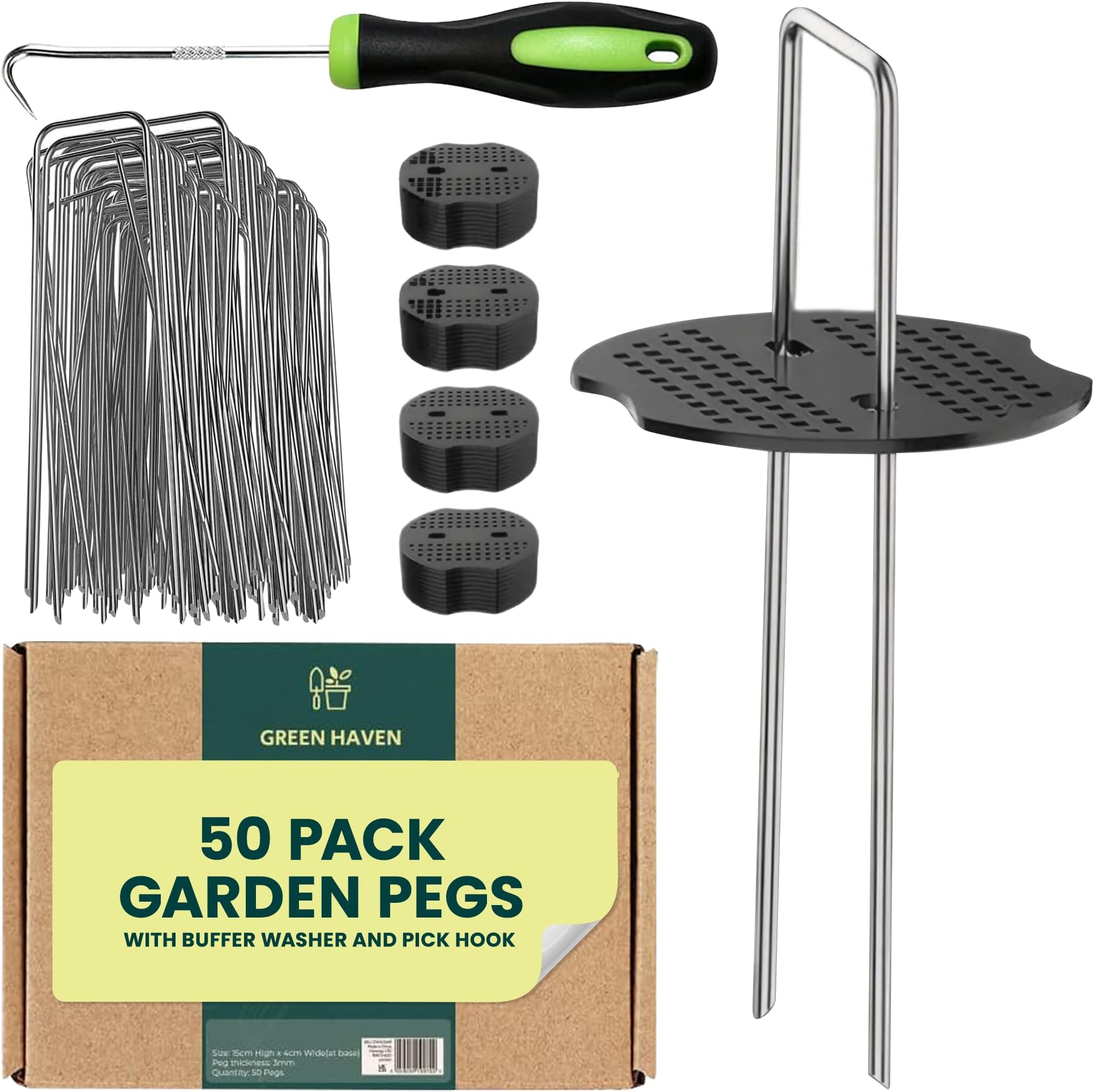 Green Haven Garden Pegs Buffer Bundle 50 Pack - Heavy Duty Garden Pegs for Weed Control Membrane Pegs, Weed Barrier Fabric, Netting & Landscaping, 15cm Metal Staples w/Large Buffer Surface