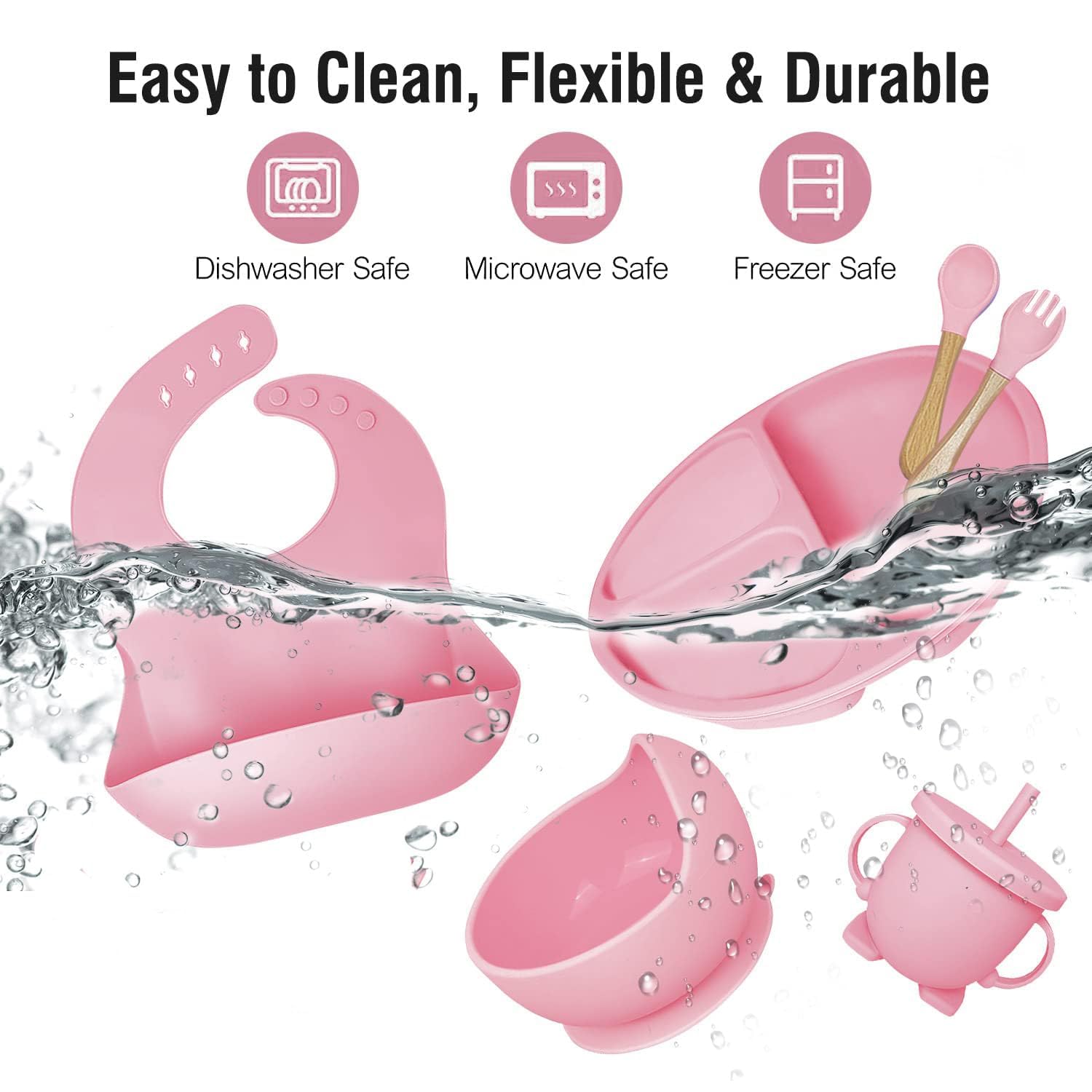 VAALYA TOYS Silicone Baby Feeding Set by Kidify -Divided Suction Plate - Suction Bowl - Adjustable Feeding Bib - Sip Cup with lid and Straw - Fork and Spoon - for Babies and Toddlers - Pink 4
