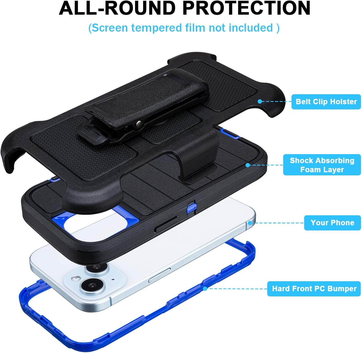 for Rugged iPhone 15 Case with Belt Clip Holster, Military Grade Heavy Duty Shockproof Cover for iPhone15 Case Protective with Stand 6.1 Inch (Black+Blue) - Image 7