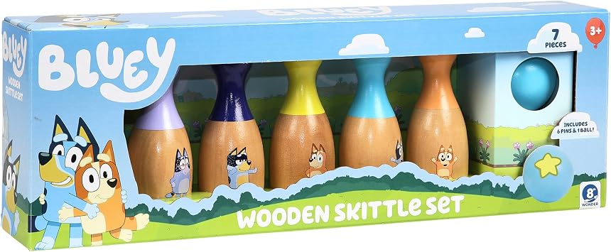 Bluey Wooden Bowling Set Skittle Game with 6 Character Wooden Bowling Pins, Durable Toy for Kids Ages 3+, Indoor & Outdoor Play