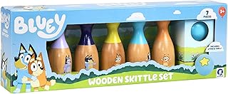 Bluey Wooden Bowling Set – Skittle Game with 6 Character Wooden Bowling Pins, Durable Toy for Kids Ages 3+, Indoor & Outdoor Play