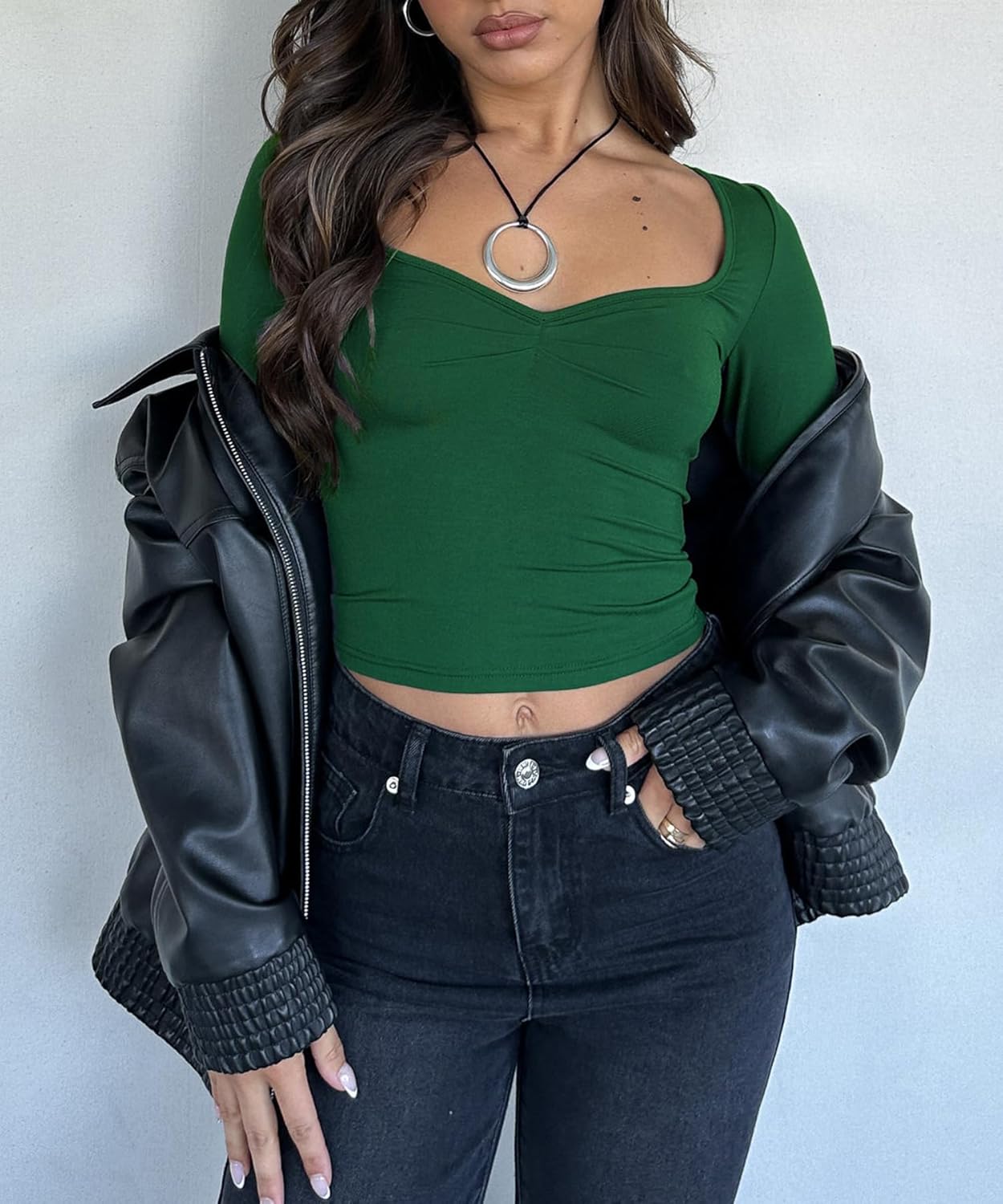 Women's Long Sleeve Going Out Crop Top Sexy Pleated Trendy Shirt Sweetheart Neck Y2K Ruched Cropped Tops - Image 3