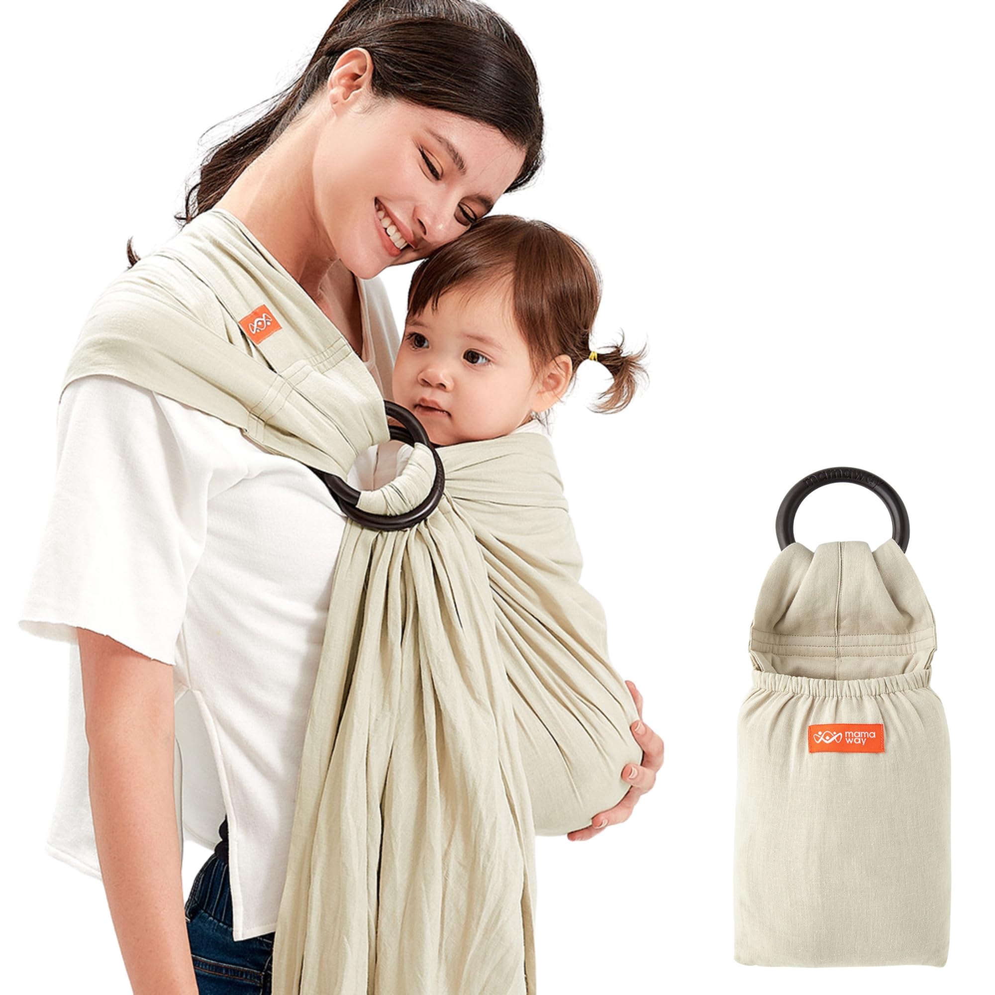 Mamaway Baby Ring Sling Carrier - Newborn and Toddler Sling (Supports up to 154lbs), IHDI Certified, Rayon & Linen Made, Soft & Breathable, Nylon 66 Safety Rings, Storage Pocket Design, Khaki