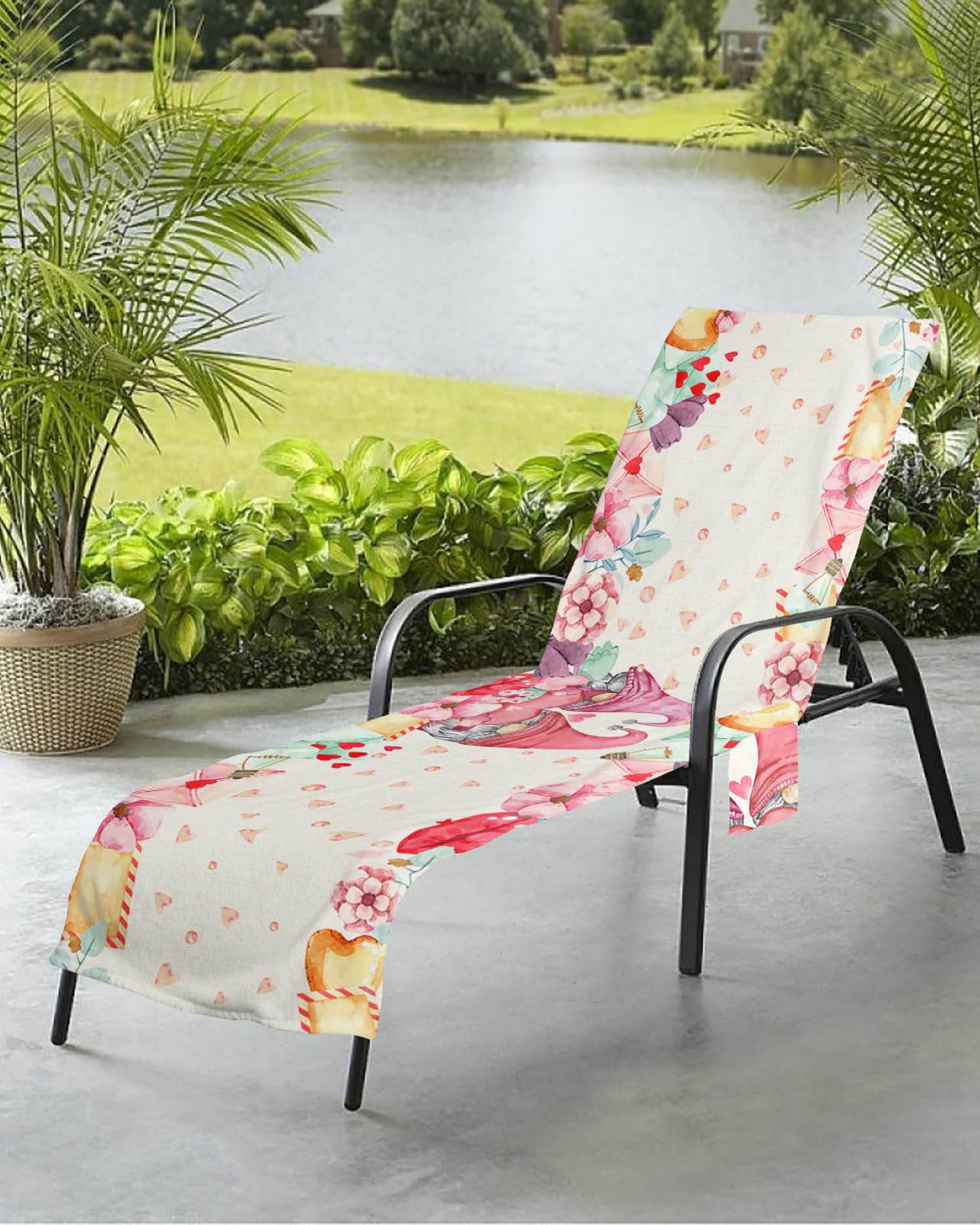 Heart Gnomes Beach Chair Towel Covers for Chaise Lounge with Side Pocket, Soft Plush Pool Towels Cover for Patio Sunbathing Outdoor 29''x85'' Valentine's Day Love Word Flower