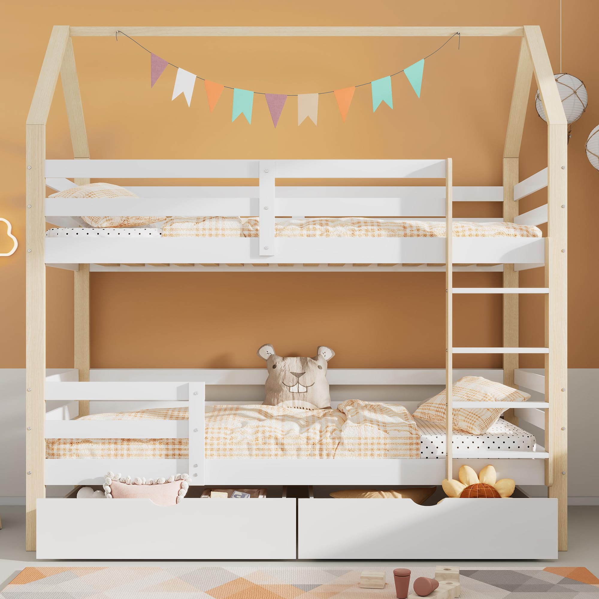Merax Hochbett 90x200cm, Etagenbett mit Leiter & große Schubladen Stockbett für 2 Kinder mit Rausfallschutz und 2 Lattenrost, Kiefernholz Kinderbett Jugendbett, Doppelbett Hausbett, Holzfarbe & Weiß