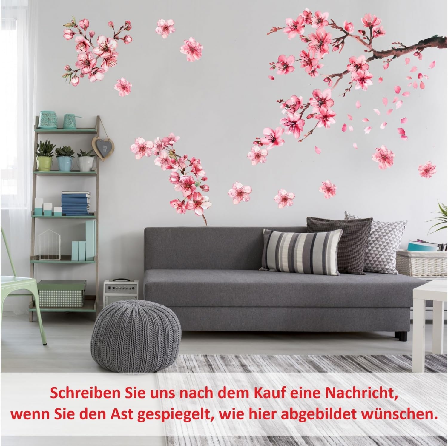 268 Wandtattoo Kirschblüten Ast Zweig Aquarell Watercolor in 6 vers. Größen Größe 2000 x 1120 mm