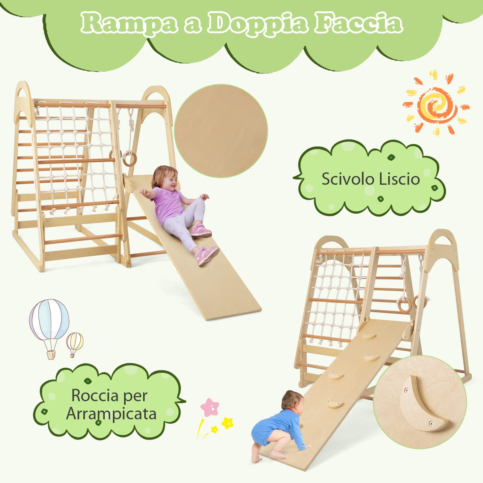 COSTWAY 6 in 1 Parco Giochi per Bambini, Set Arrampicata in Legno con Scivolo, Anelli da Ginnastica, Rete da Arrampicata, Palestra da Interno per Bambini (Naturale)
