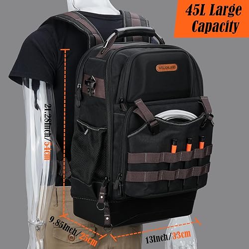 Miniatura 5 de WELKINLAND Mochila de herramientas de 76 bolsillos, mochila para electricista de fondo duro, mochilas grandes de alta resistencia para HVACmecánico,