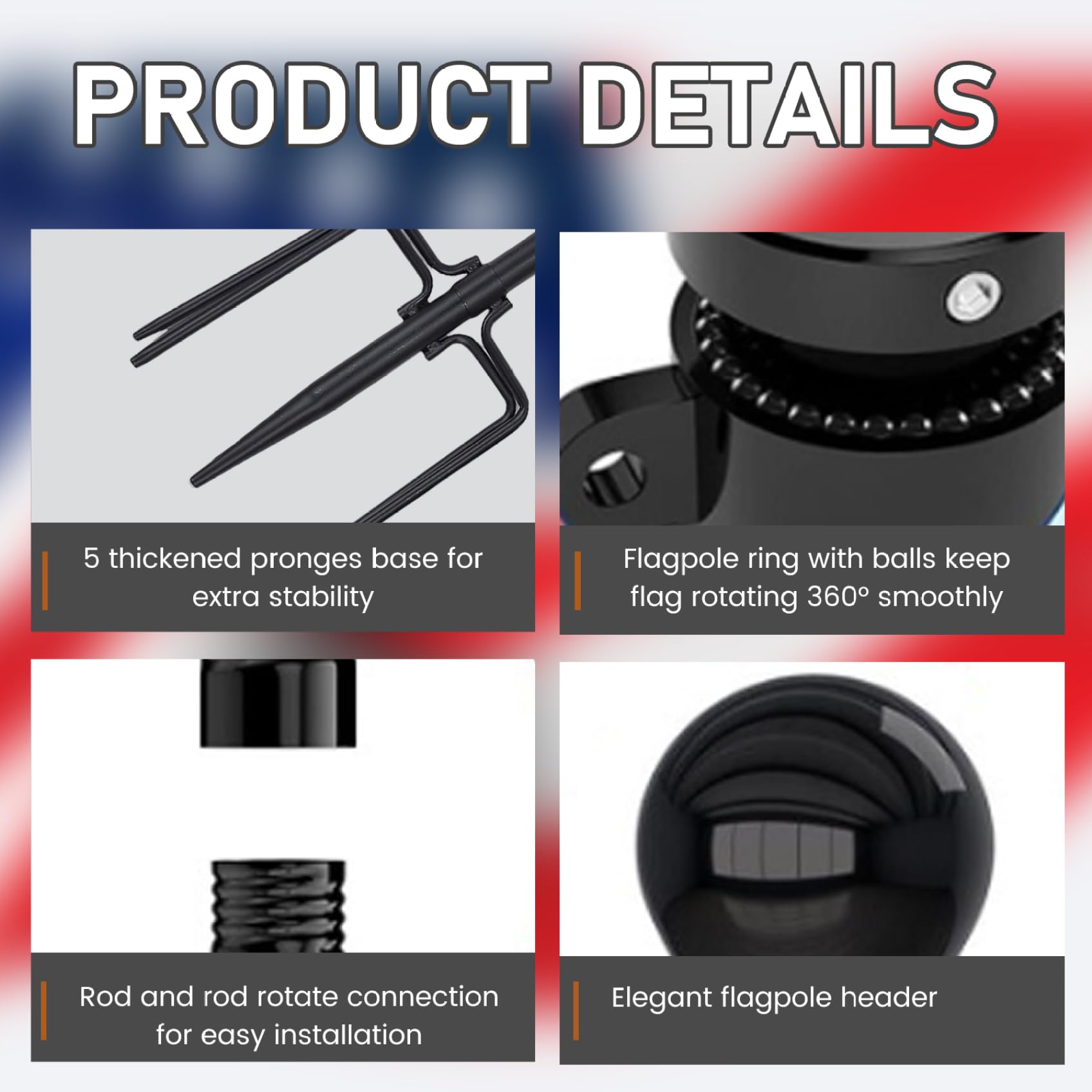 Asta de Bandera telescópica de 10 pies Resistente, Kit de asta de Bandera de jardín con Base de 5 Garras con 6 Secciones de extensión y 3 Accesorios, de de jardín