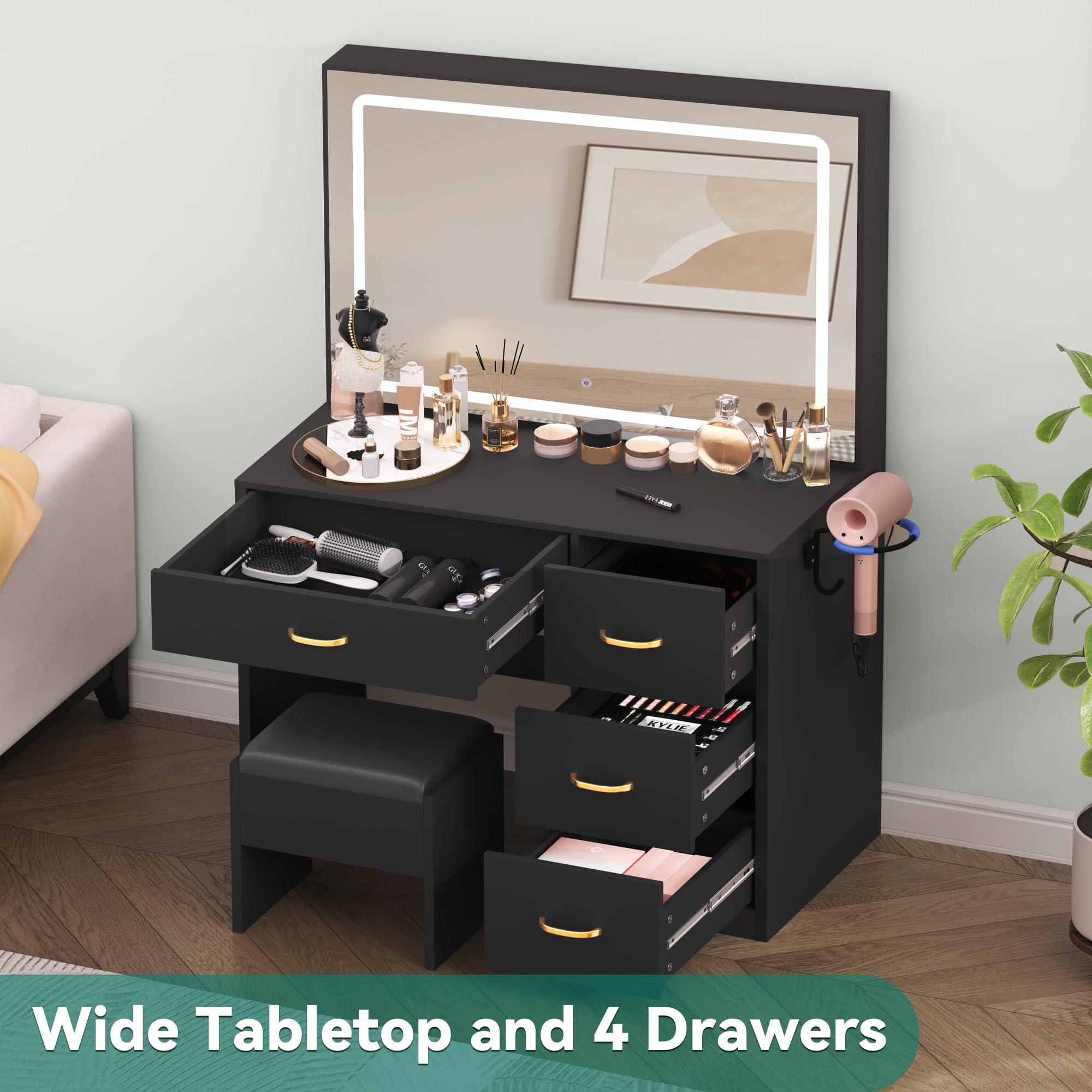 YITAHOME Schminktisch mit Spiegel, Kosmetiktisch mit 4 Schubladen, Beleuchtung, Steckdose, Schwarz (Make Up Tisch, Frisiertisch, Kosmetiktisch, Vanity Table)
