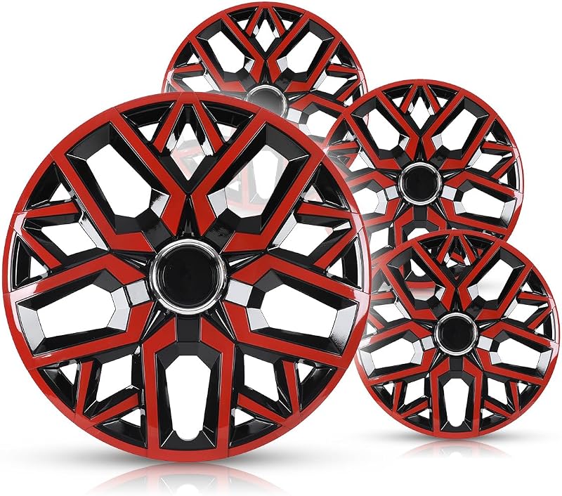 WOLFSTORM 17 Inch Hubcaps for Car Pickup Truck SUV (Red & Black Lacquer) | Set of 4 Steel Wheel Skins, PP Material Wheel Covers R17 Wheel Rims Covers
