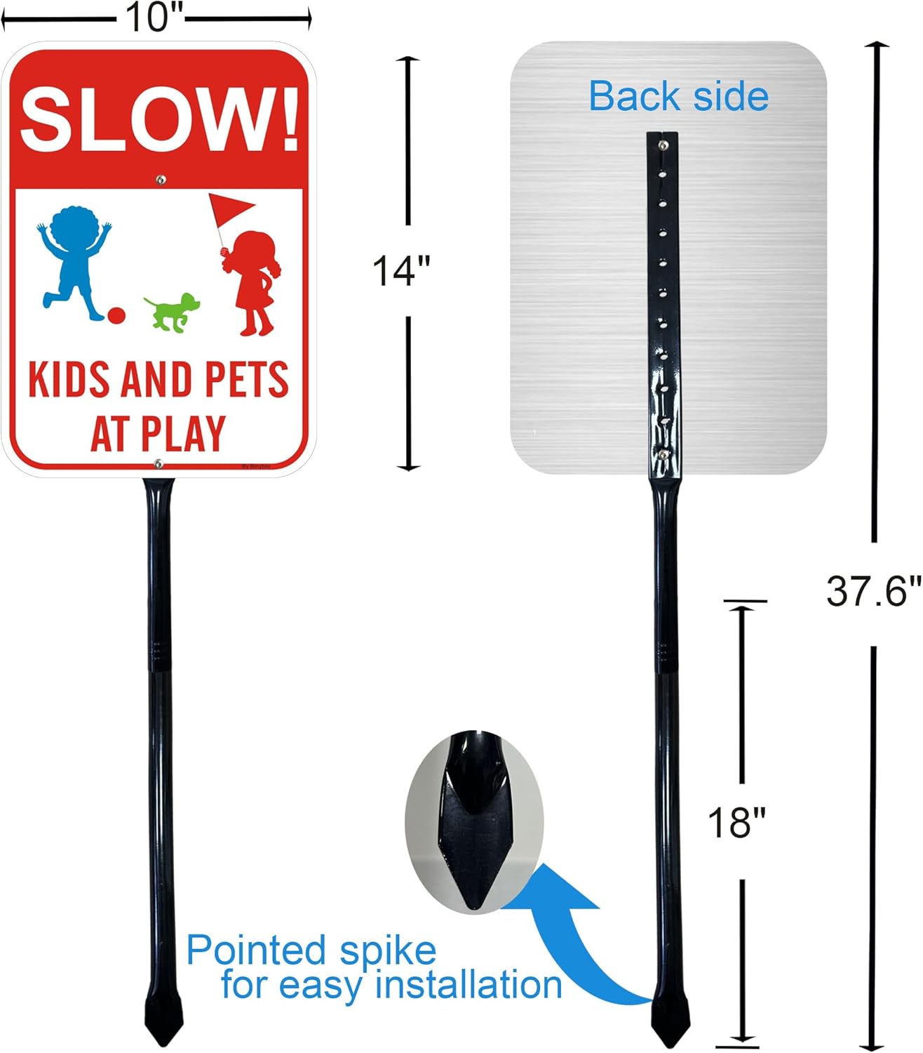 2Pack Slow Down Signs Kids and Pets at Play Sign with 36" Metal Thick Stakes, 10'' x 14'' Rust Free Reflective Aluminum Street Safety Warning Sign,Easy to Mount,Outdoor use