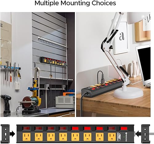 Miniatura 3 de CRST Regleta de alimentación resistente de 8 salidas con interruptores individuales, regleta metálica de 15 A1875 W, protector de sobretensiones con