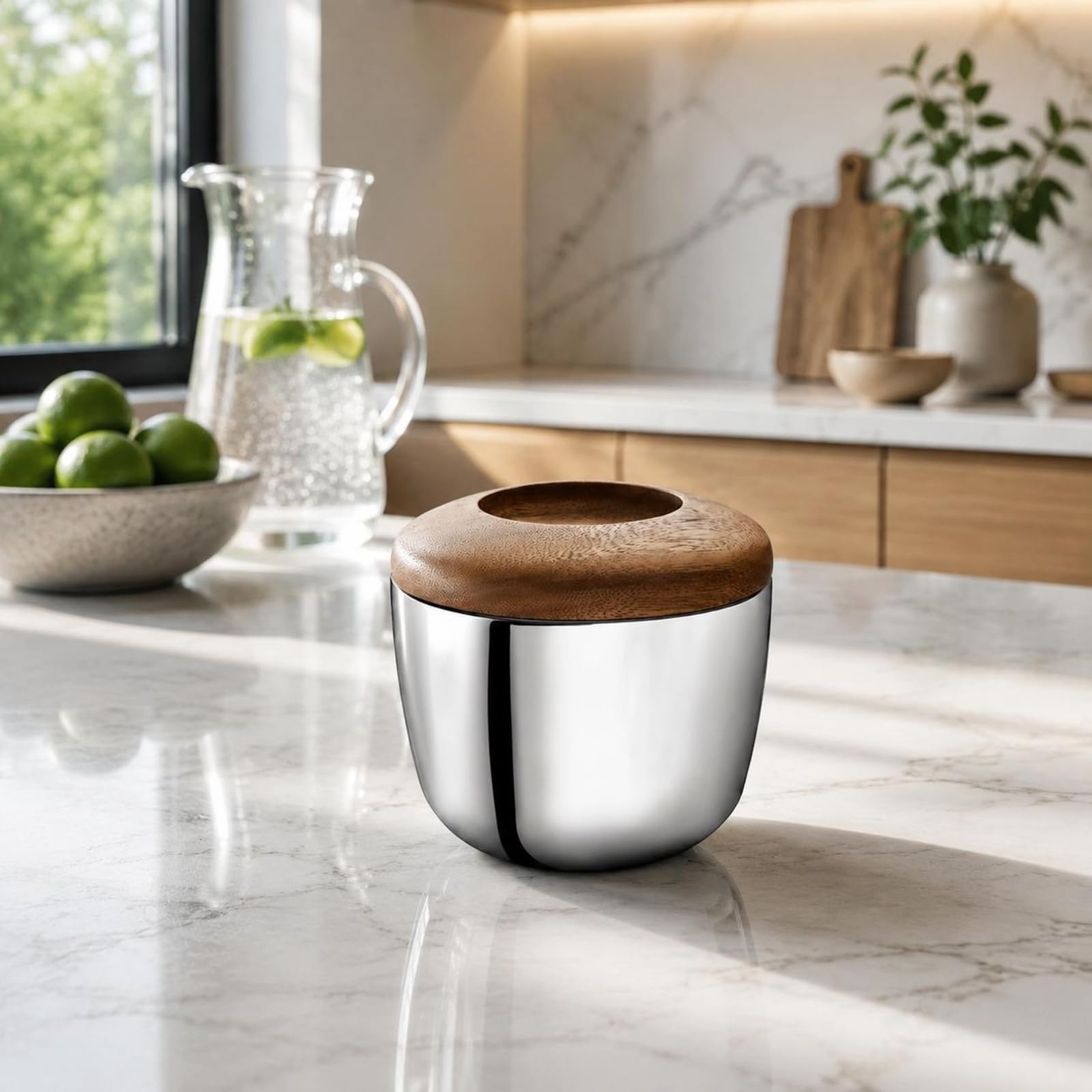 KESOTO Cubitera de Acero Inoxidable 304 con Tapa Cubo de Hielo con Pinzas Contenedor para Servicio de Bebidas Diseño Decorativo con Tapa de Aspecto Madera Adecuada para Barras Cenas Sala de Estar