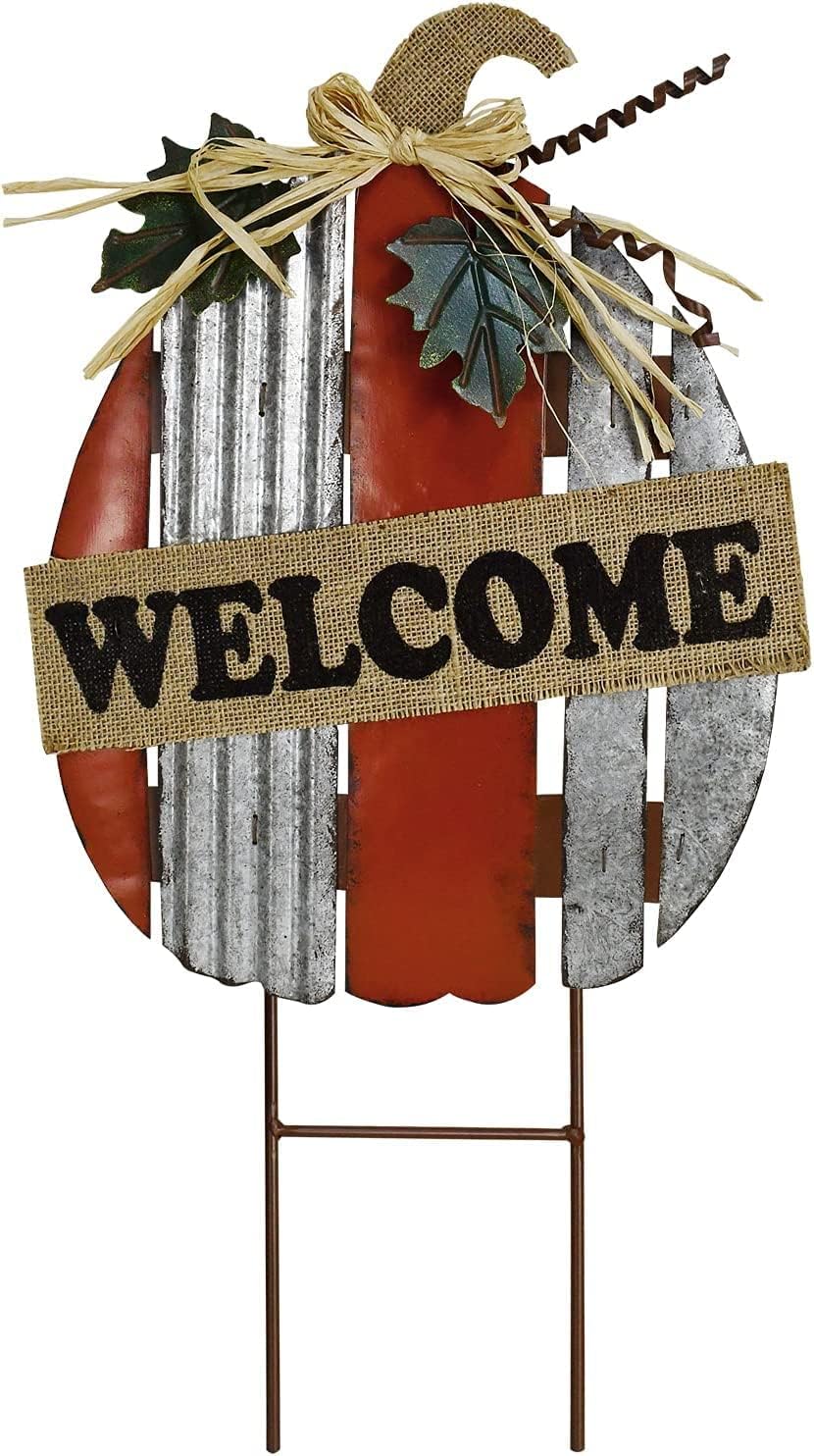 Linfevisi Rustic Pumpkin Stakes Yard Signs Decorative Garden Stake Metal Fall Decor Welcome Sign Pumpkin Lawn Stake Ornaments Outdoor Garden Yard Decoration Autumn Harvest Thanksgiving Halloween 24.2"