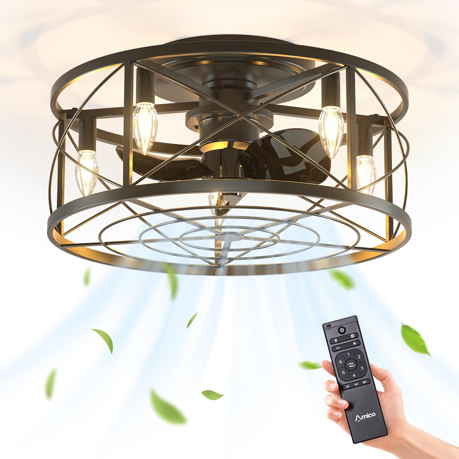 Amico 20 inch Caged Ceiling Fans with Lights and Remote, Reversible, 6 Speeds, Dimmable Flush Mount Low Profile Fandelier, Small Farmhouse Industrial Enclosed Black Ceiling Fan for Bedroom, Kitchen