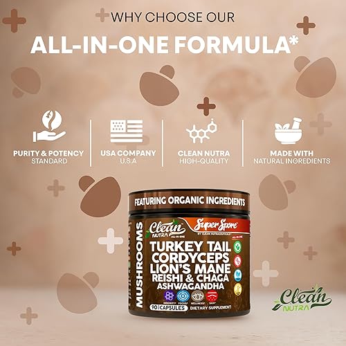 Miniatura 7 de Clean Nutra SuperSpore - Cápsulas de hongos, cola de pavo, cordyceps, melena de león, reishi, chaga, ashwagandha, veganas, sin OMG, sin gluten,