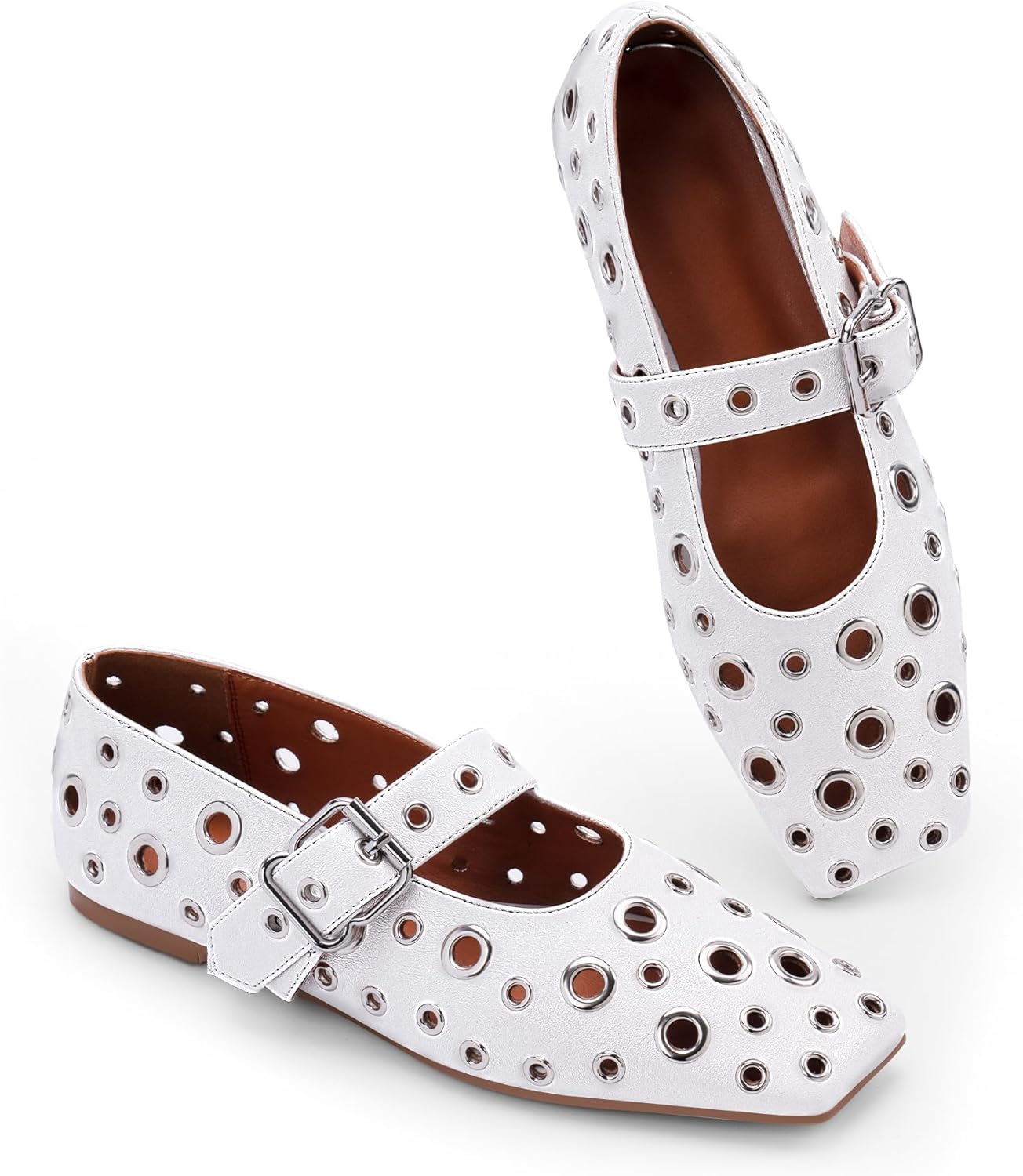 Women's Ballet Flats Studded Metal Eyelet Buckle Perforated Mary Jane Shoes