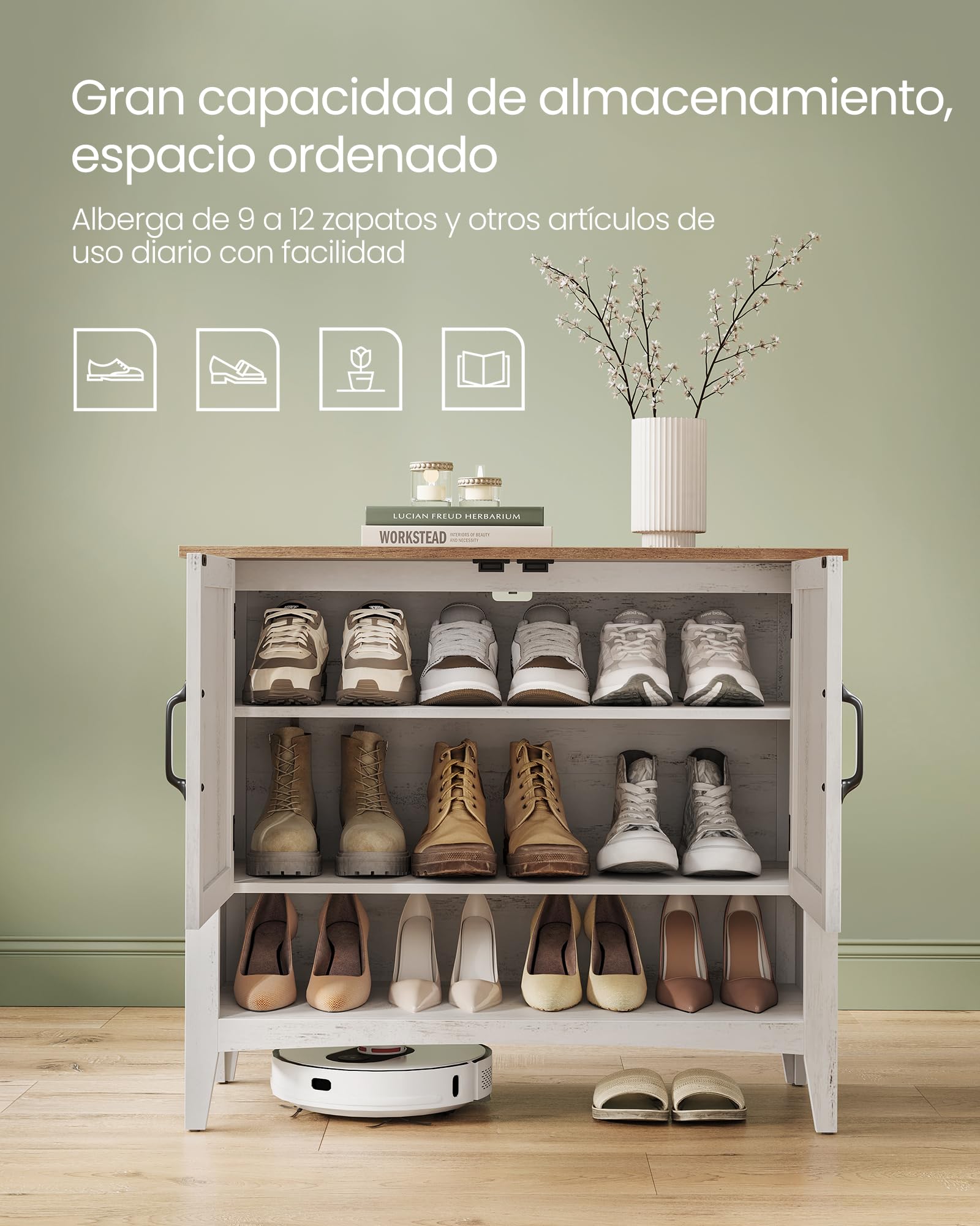 VASAGLE LIRY Colección - Armario Zapatero de 3 Niveles, Zapatero Estilo Americano Tradiconal, Armario con Estante Ajustable en Altura, Asas, Entrada, 35 x 80 x 70 cm, Blanco Rústico LBC038W01