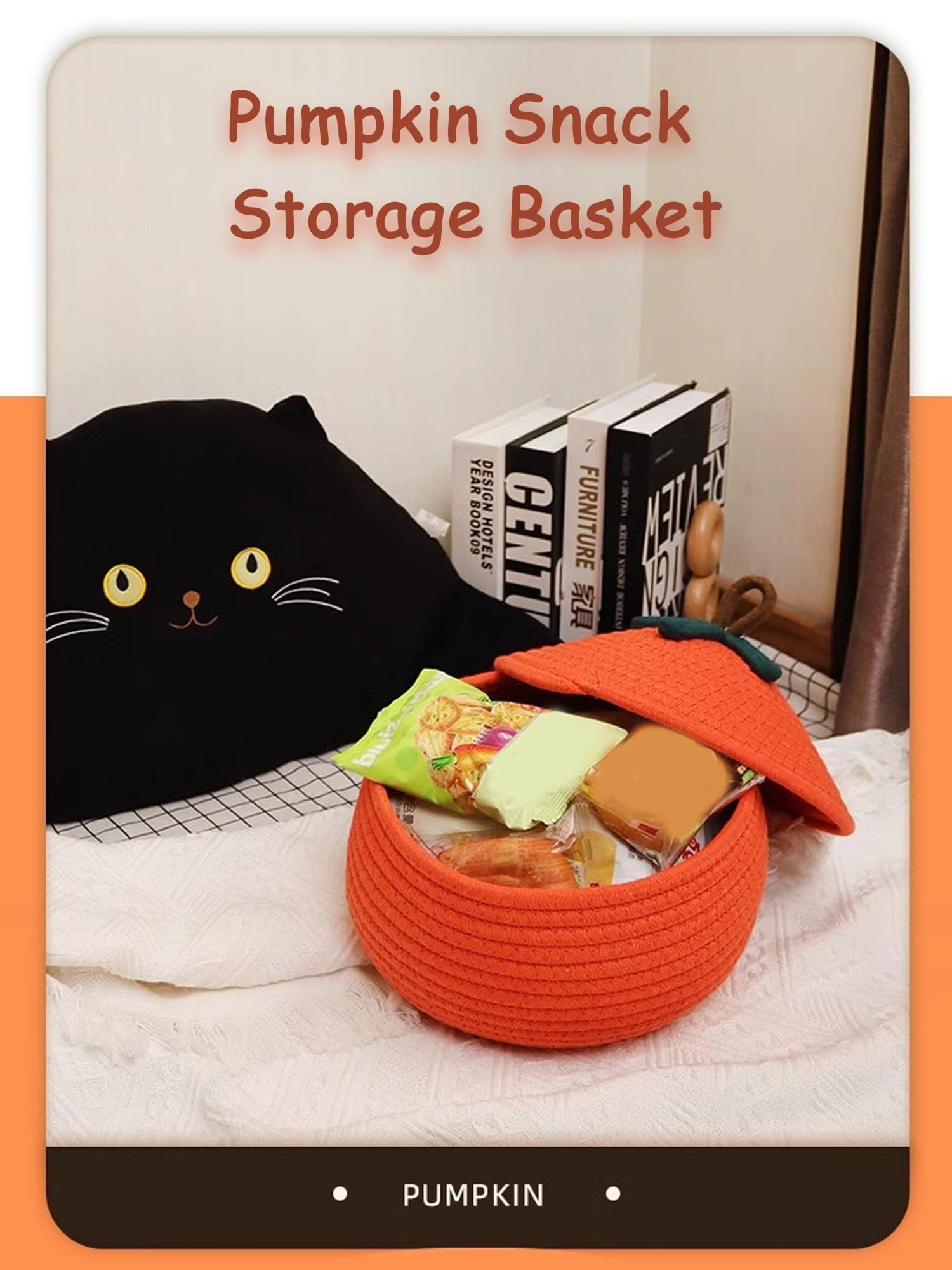 Halloween Pumpkin Woven Basket With Lid – Fall Storage Bin, Rustic Home Decor & Organizer