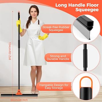 wlich Squeegee, 23 In Floor Squeegee Heavy Duty for Tile, Bathroom, Outdoor | 60 In Long Handle, Large Squeegee Broom, Floor Scraper Rubber Broom for Garage, House