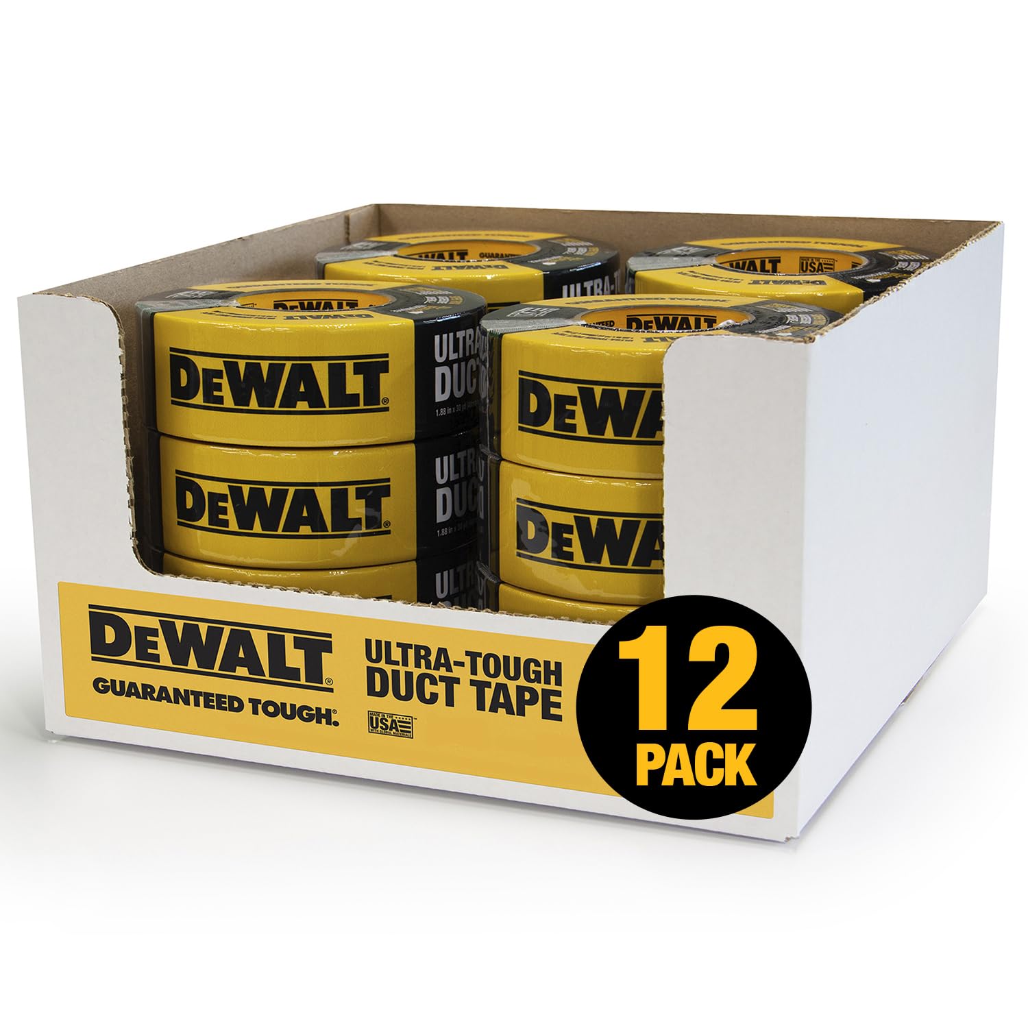 DEWALT Ultra Tough Duct Tape, 1.88 in x 30 yd, Heavy Duty, Ultra Strong, Aggressive Adhesive, All-Weather, 12 Rolls, Black