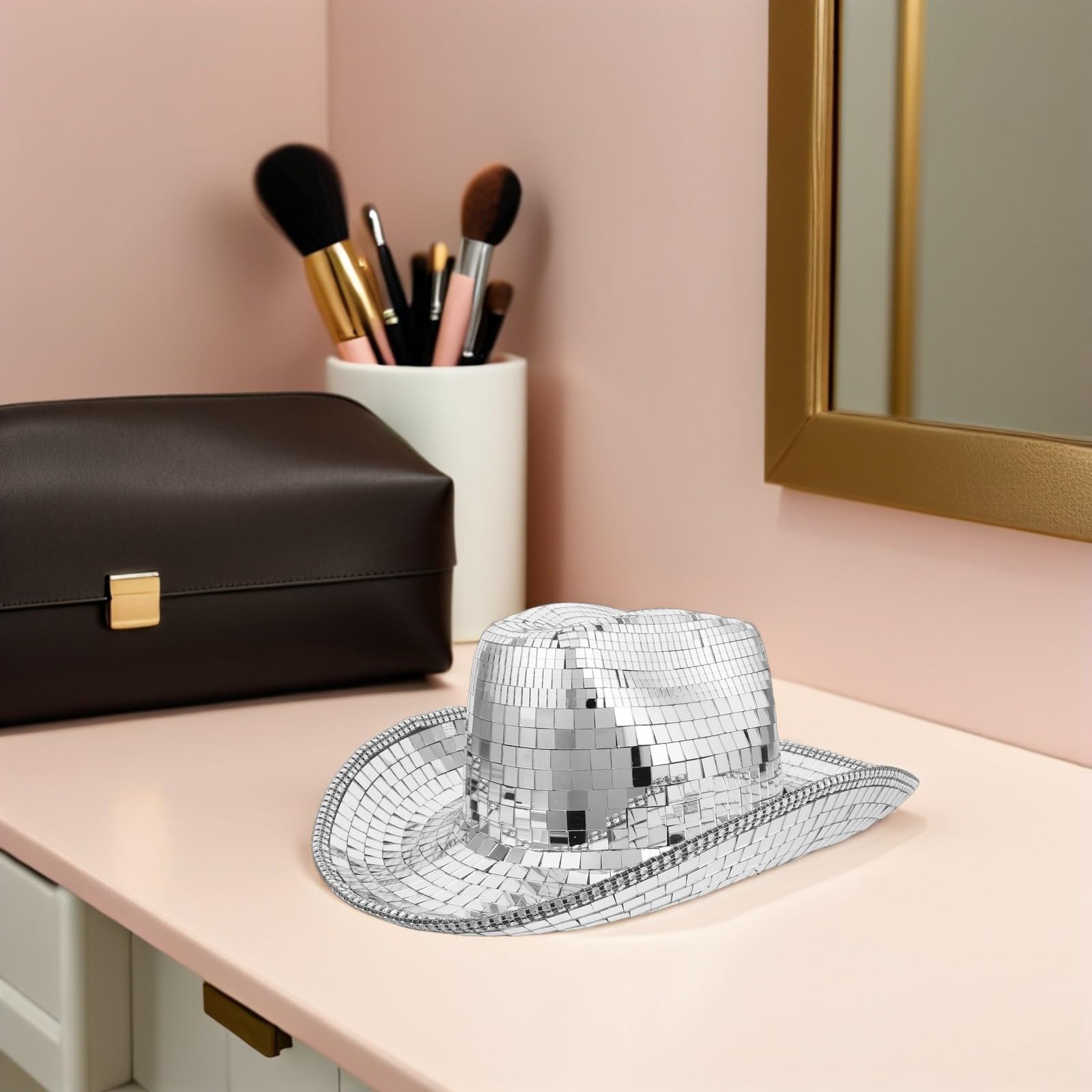 Ipetboom Chapeau de Cowgirl Disco à Miroir Argenté, Taille Unique, Accessoire pour Festivals de Musique et Événements Cosplay, Chapeau de Cowboy Western Léger et Confortable