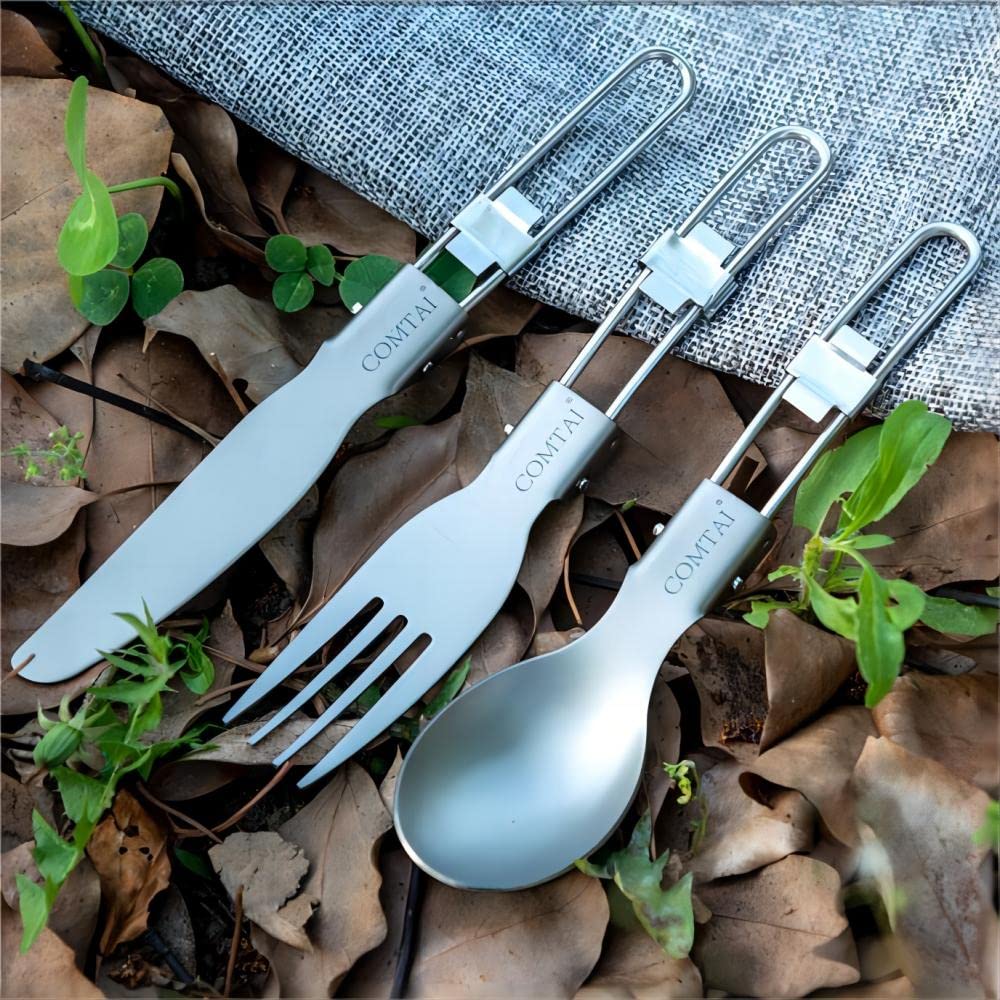 COMTAI Titanium Camping Cutlery Set, Foldable Travel Utensils Set Reusable, Titanium Knife, Fork, and Spoon Combo for Outdoor or Kitchen Use