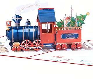 Steelhill Pop Up Christmas Cards with Envelope,Merry Christmas Greeting Cards Bulk for Mom Wife Boyfriend,Funny 3D Holiday Greeting Cards for Kids School Classroom Xmas Gifts (Train christmas card)