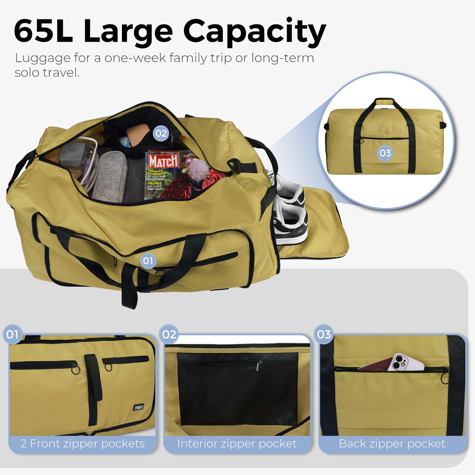 Fmeida 65L Borsone da Viaggio Unisex Adulto, Grande Borsone Palestra con Scomparto per Scarpe e Tracolla, Impermeabile Duffel Bag Borsa Sportivo